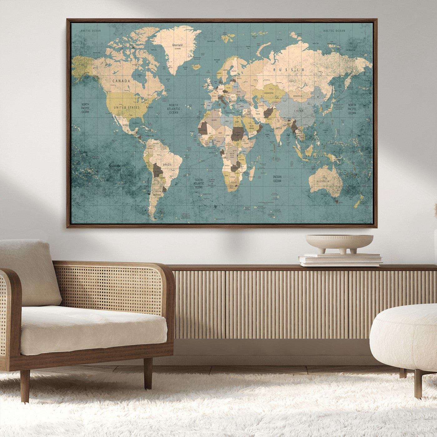 MGV-FC-36X24 - Classic World Map Wall Art Canvas Print, Framed Retro Map Art Picture Print, Vintage Atlas Perfect Rustic Explorer Decor Artwork