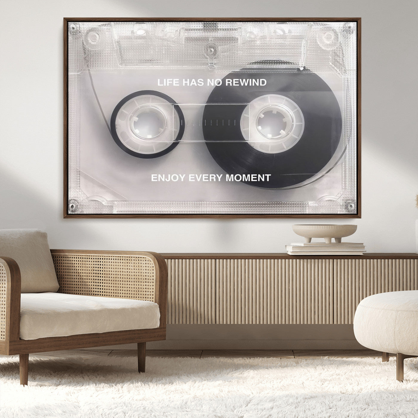 MGV-FC-36X24 - Vintage Cassette Tape Canvas Wall Art - Inspirational 'Life Has No Rewind' Quote, Retro Music Decor