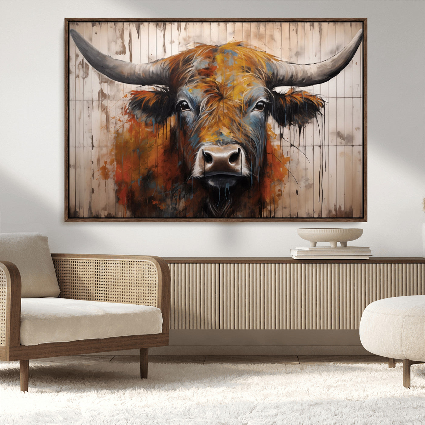 MGV-FC-36X24 - Abstract Bull Highland Cow Canvas Wall Art Print – Vibrant Rustic Charm in Modern Farmhouse Decor –
