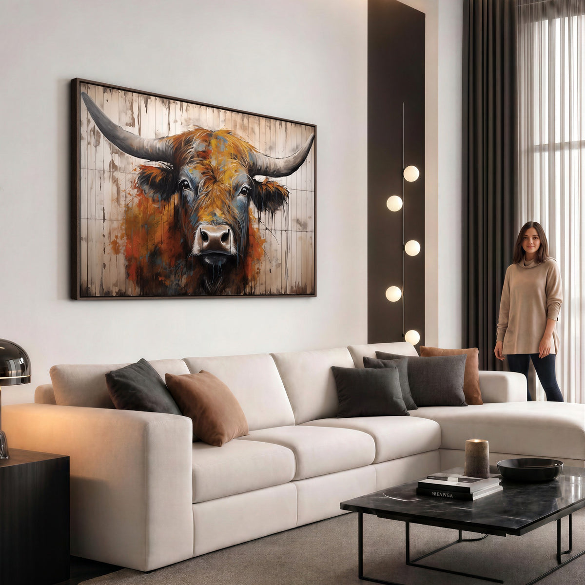 47284-MGV-CV-24X16 - Abstract Bull Highland Cow Canvas Wall Art Print