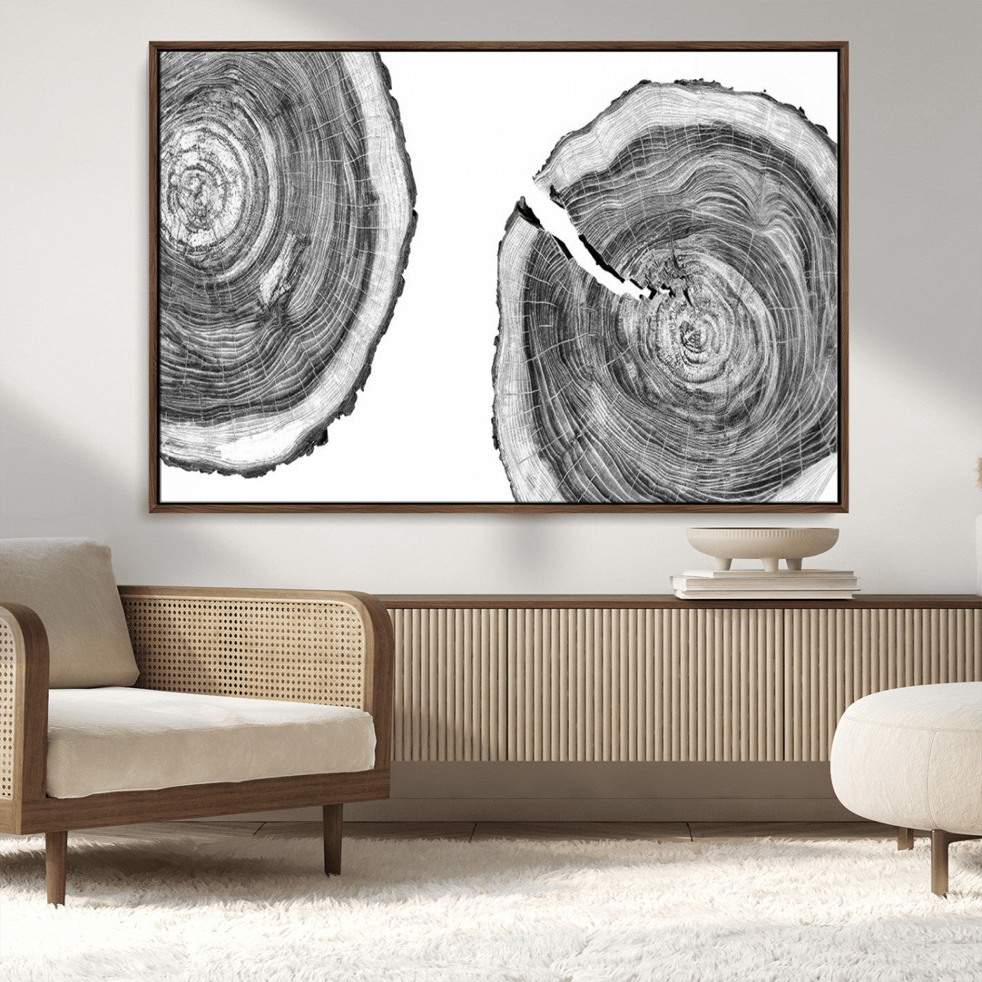 MGV-FC-36X24 - Modern Black and White Tree Rings Canvas Wall Art – Nature Inspired Wood Slice Print – Minimalist