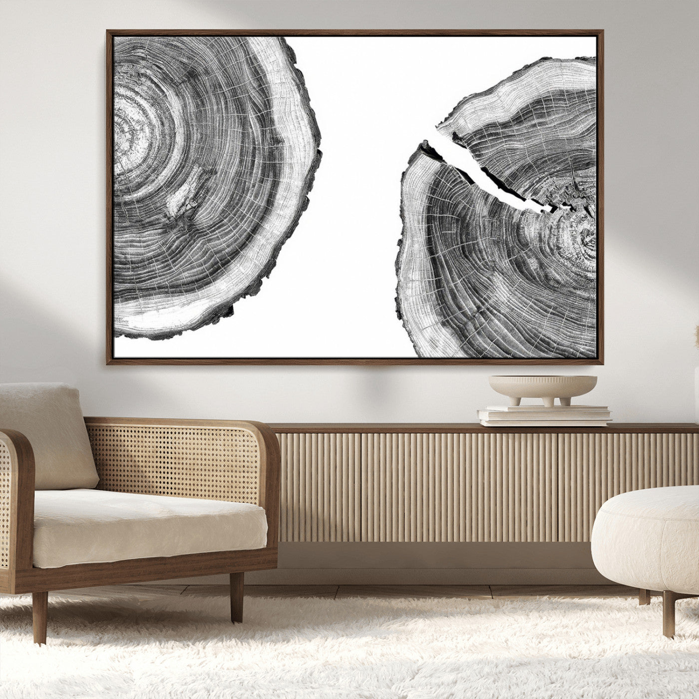 MGV-FC-36X24 - Abstract Large Tree Rings – Minimalist Black and White Wood Art | Triptych Canvas, Modern Wall Decor