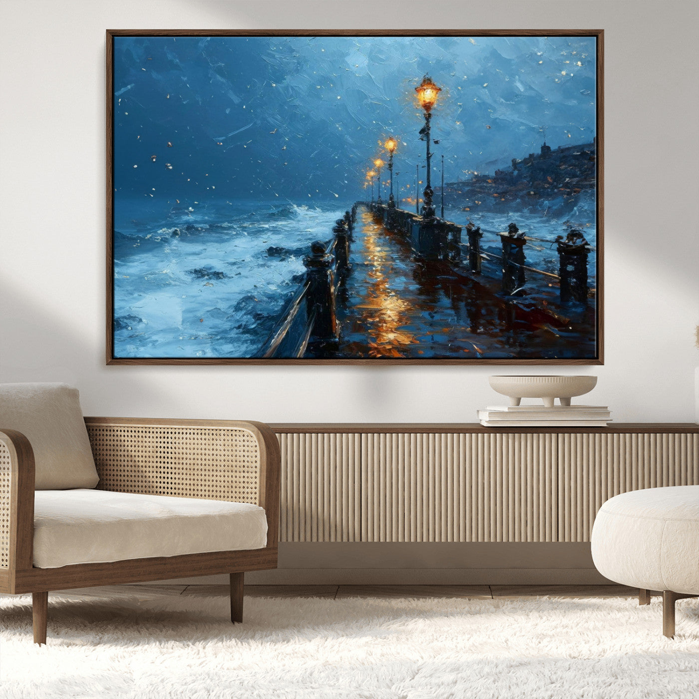 MGV-FC-36X24 - Stormy Night at Beach Pier Oil Painting Large Wall Art Print, Framed Canvas Nature Wall Decor,