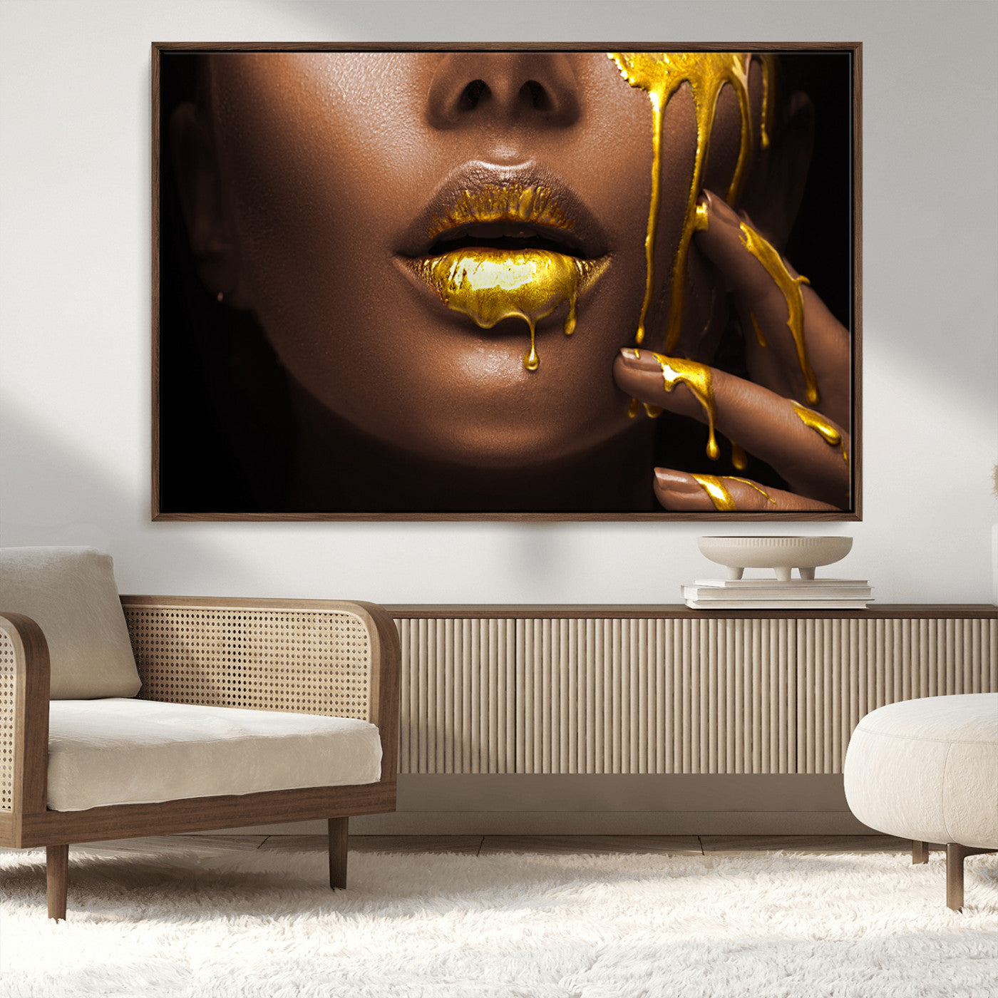 MGV-FC-36X24 - African American Art Black Woman Canvas Print, African Wall Art, Fashion African Woman Gold Lips