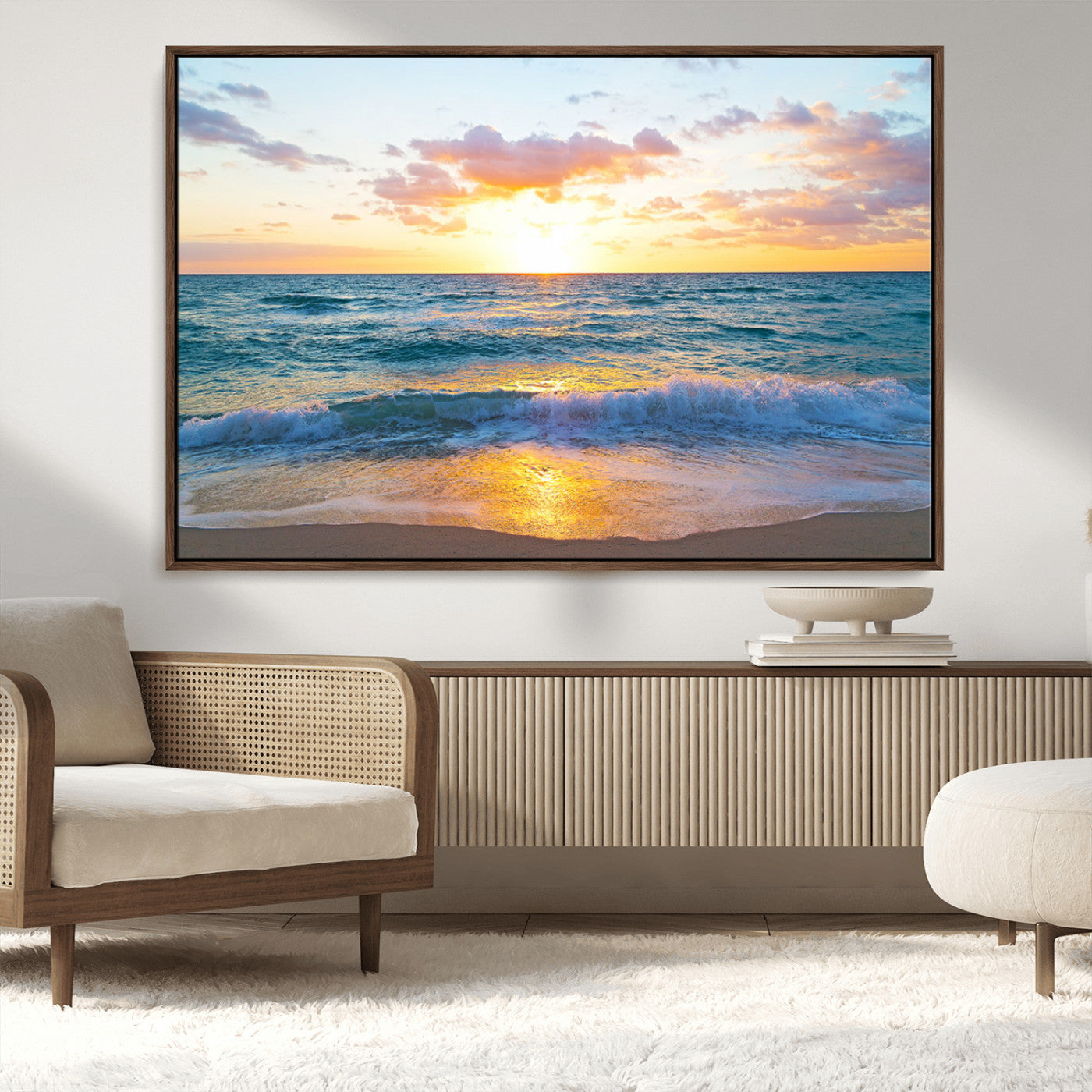 MGV-FC-36X24 - Golden Sunset Over Ocean Waves - Serene Coastal Triptych Wall Art for Relaxing Home Decor, Ready to