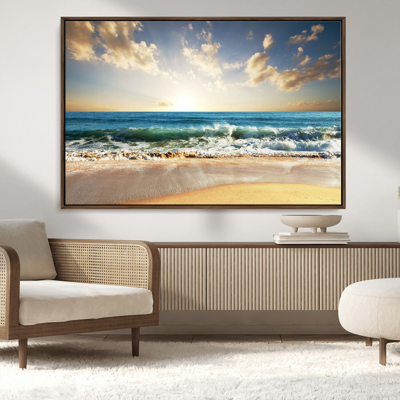 MGV-FC-36X24 - Golden Sunset Beach Triptych Canvas Wall Art for Living Room – 3-Panel Ocean View, Framed & Ready to