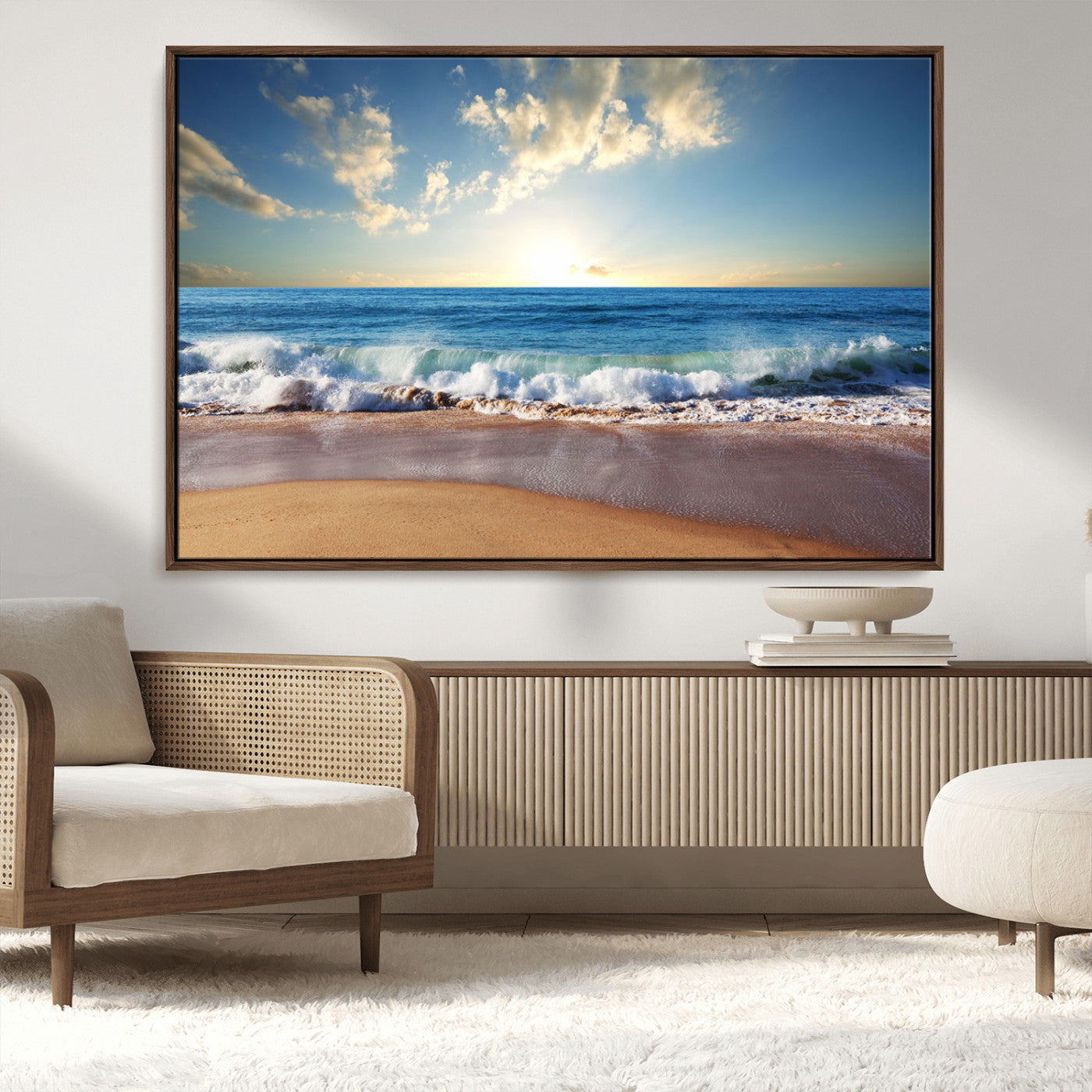 MGV-FC-36X24 - Serene Ocean Sunset Canvas Wall Art - Beach Waves at Sunset, Ready to Hang
