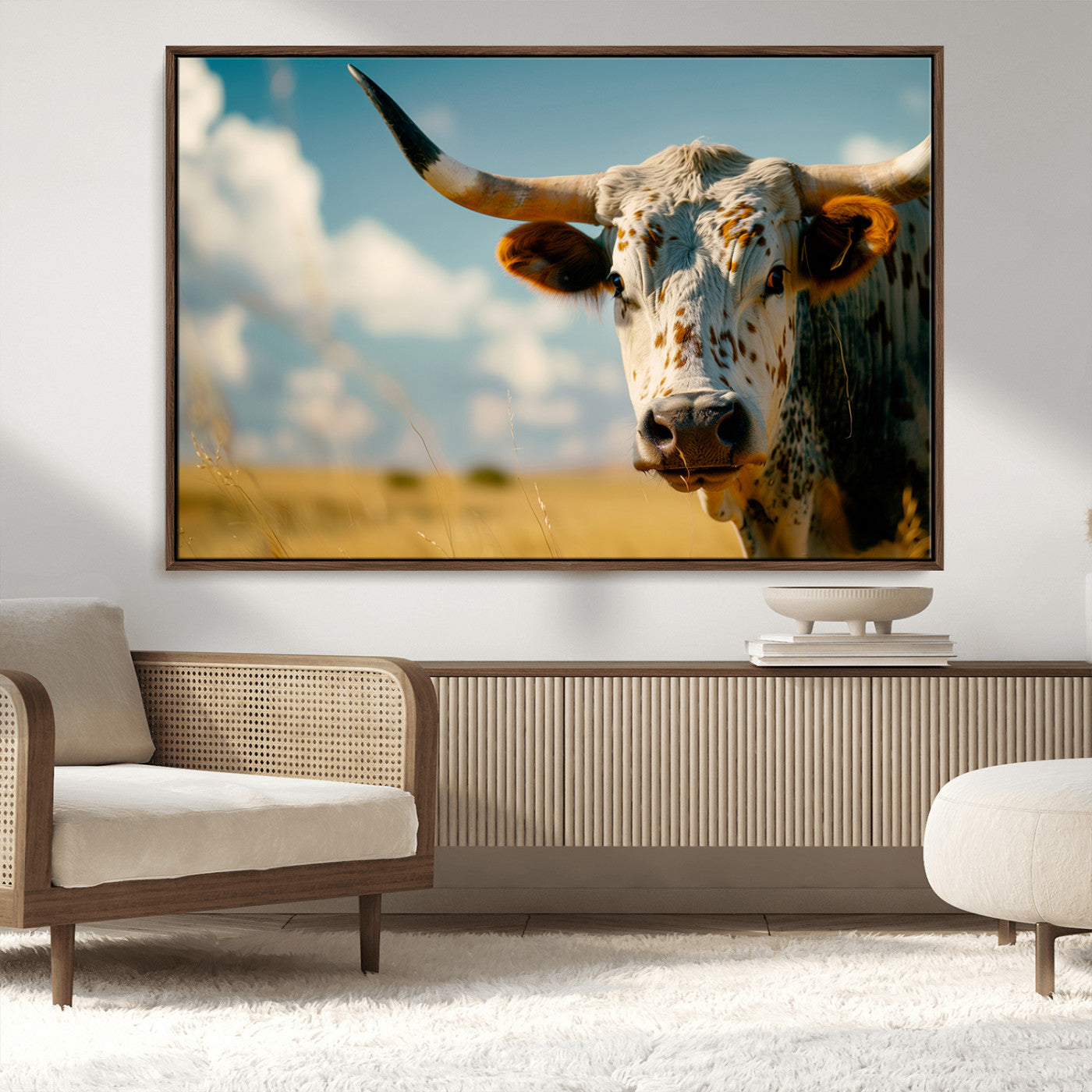 MGV-FC-36X24 - Longhorn in the Prairie - Stunning Ranch-Style Triptych Wall Art for Western Home Decor, Cowboy Wall