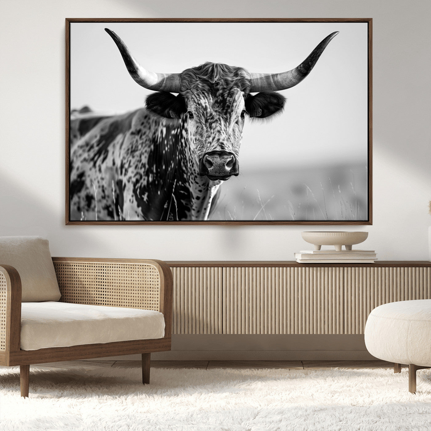 MGV-FC-36X24 - Texas Highland Cow Longhorn Canvas Print - Rustic Farmhouse Wall Art - Large Texas Longhorn