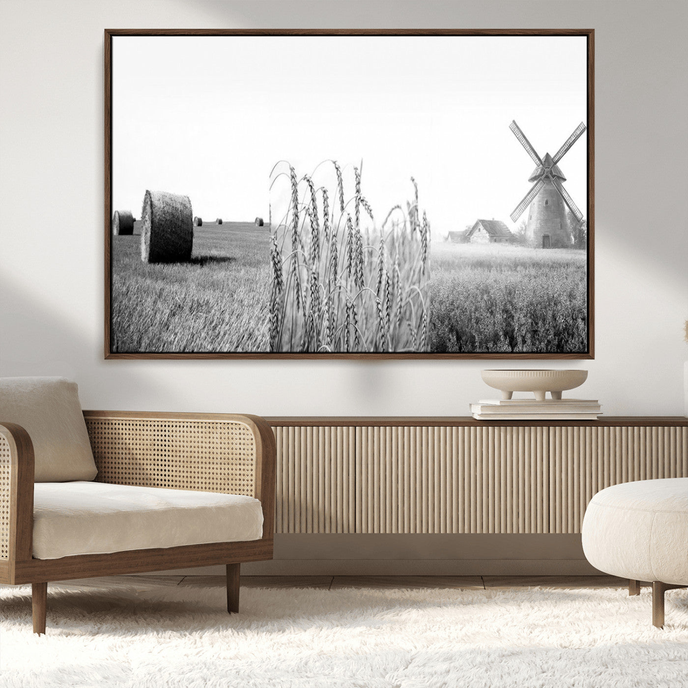 MGV-FC-36X24 - Vintage Farmhouse Black and White Triptych Wall Art – Giclee Canvas Featuring Wheat Fields, Hay