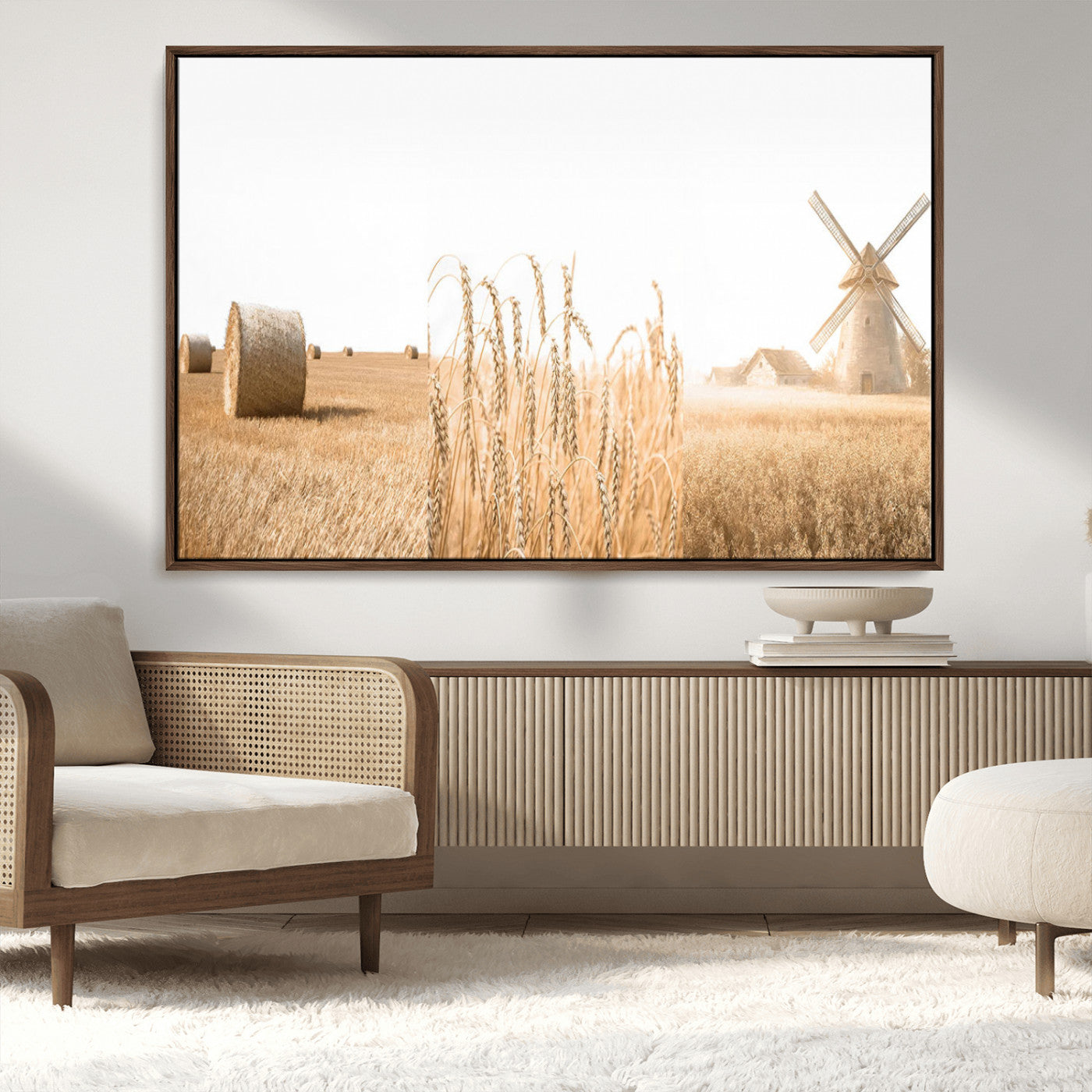 MGV-FC-36X24 - Vintage Farmhouse Triptych Wall Art – Giclée Canvas Featuring Wheat Fields, Hay Bales, and a