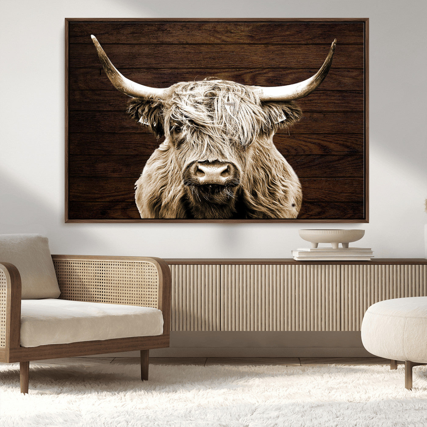 MGV-FC-36X24 - Highland Cow Wall Art Canvas Print, Rustic Farmhouse Decor, Majestic Scottish Highland Bull Portrait