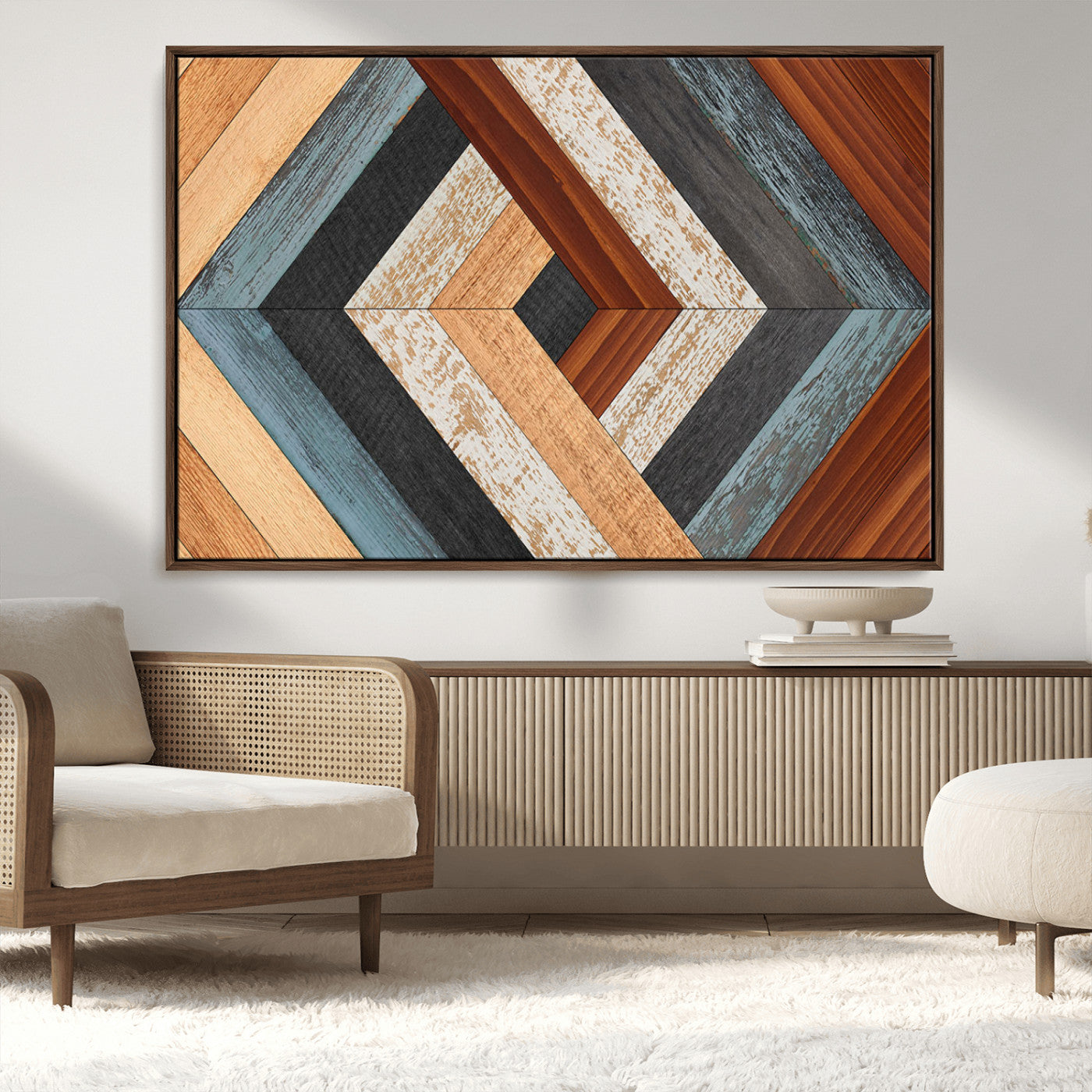 MGV-FC-36X24 - Geometric Wood Art Wall Decor Canvas Print, Rustic Wooden Pattern Triptych Wall Art for Living Room