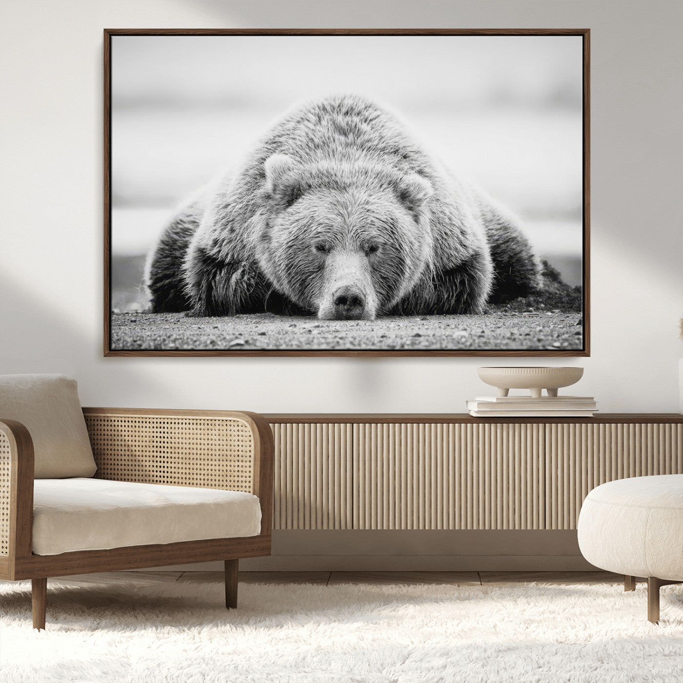MGV-FC-36X24 - Resting Grizzly Bear Wall Art Canvas Print – Majestic Lazy Black and White Wildlife Bear Art,