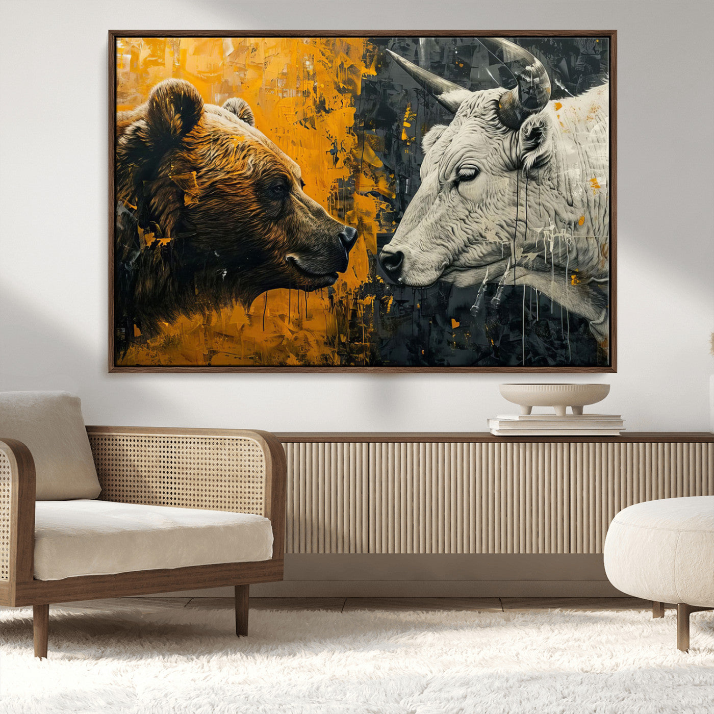 MGV-FC-36X24 - Bear and Bull Wall Art Canvas Print – Abstract Animal Portrait Painting for Modern Home Decor –