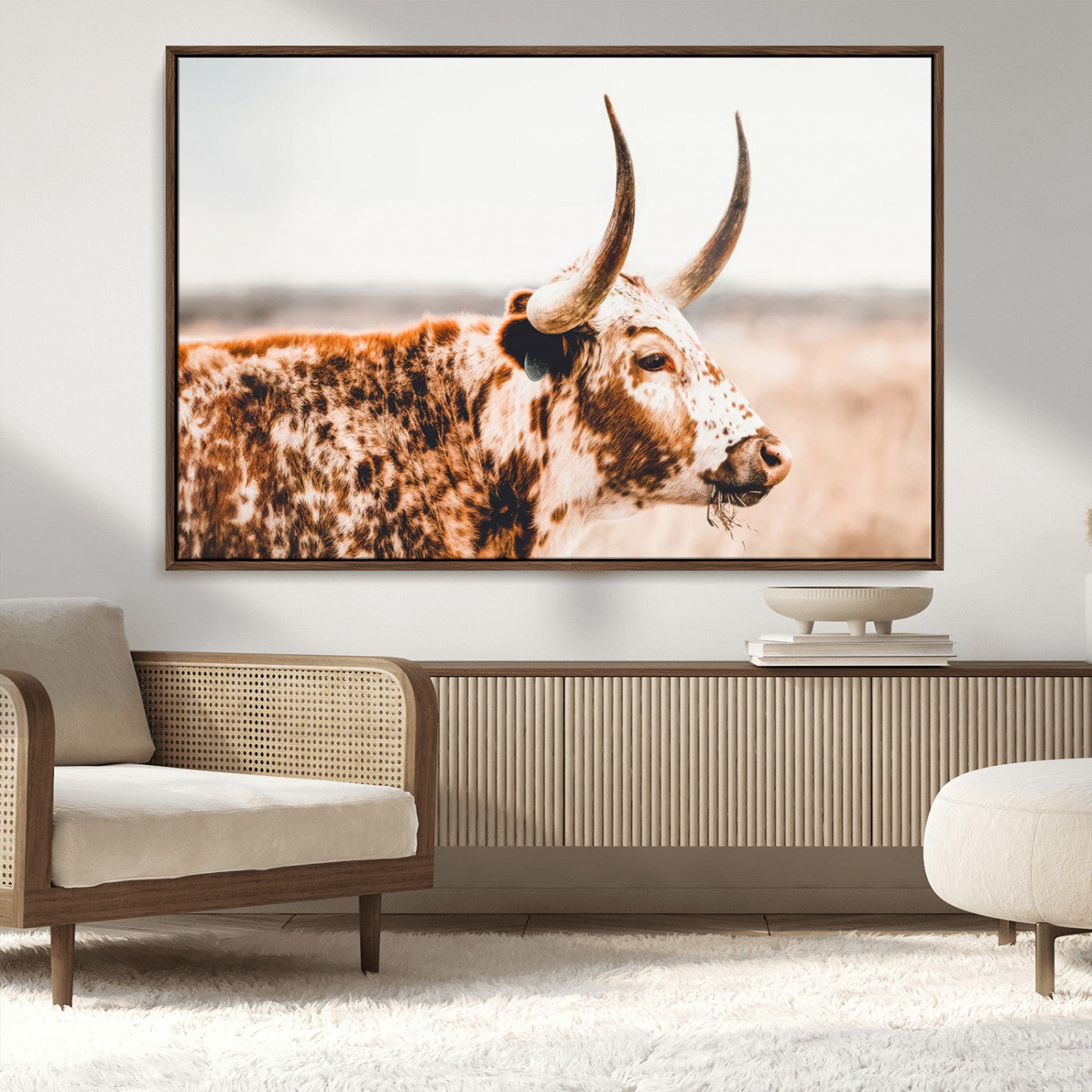 50356-MGV-FC-36X24_Walnut-Speckled Bull Wall Art Canvas Print – Rustic Cow Longhorn Farmhouse Animal Decor – Western Longhorn