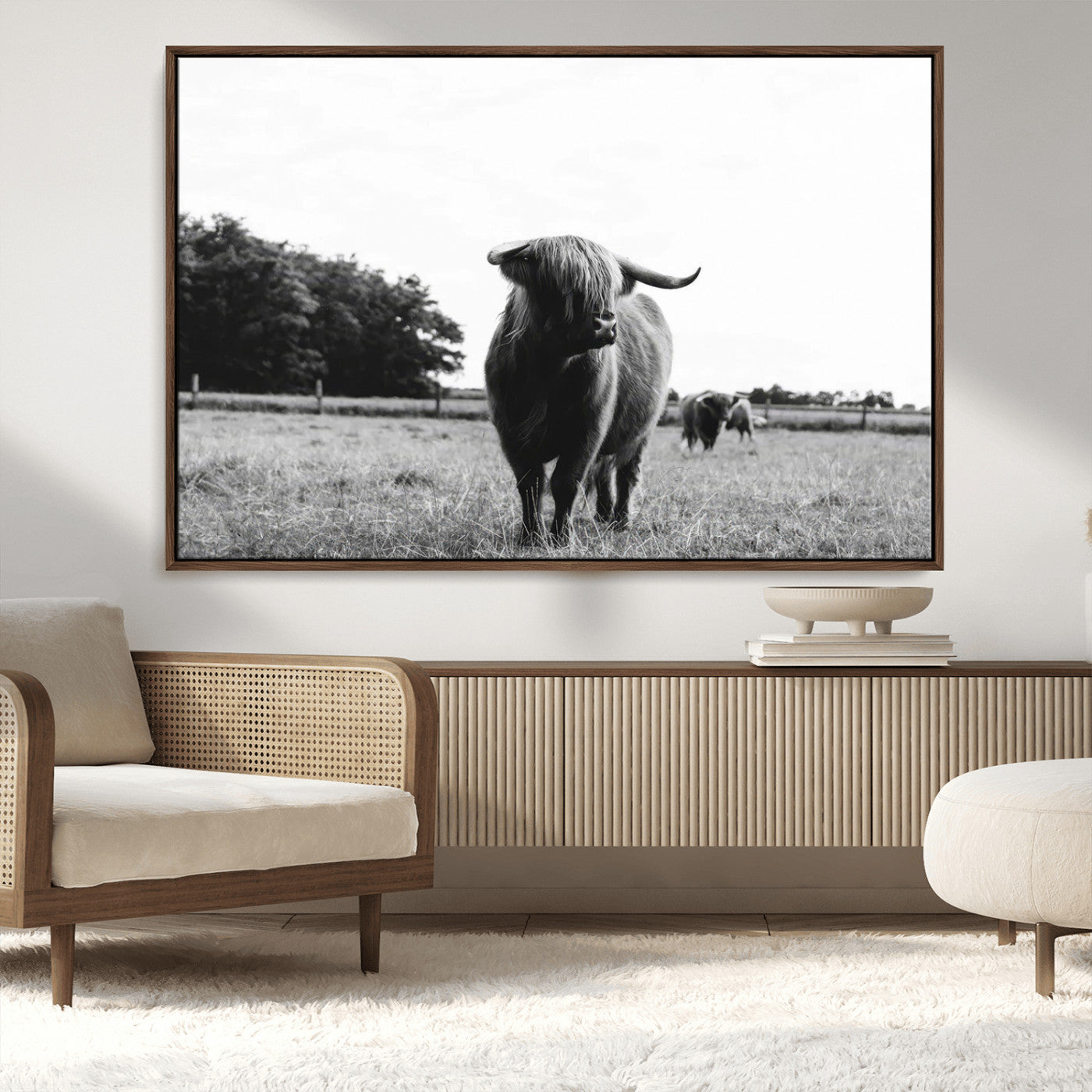 MGV-FC-36X24 - Black and White Highland Cow Wall Art Canvas Print | Rustic Western Decor for Living Room or Office,