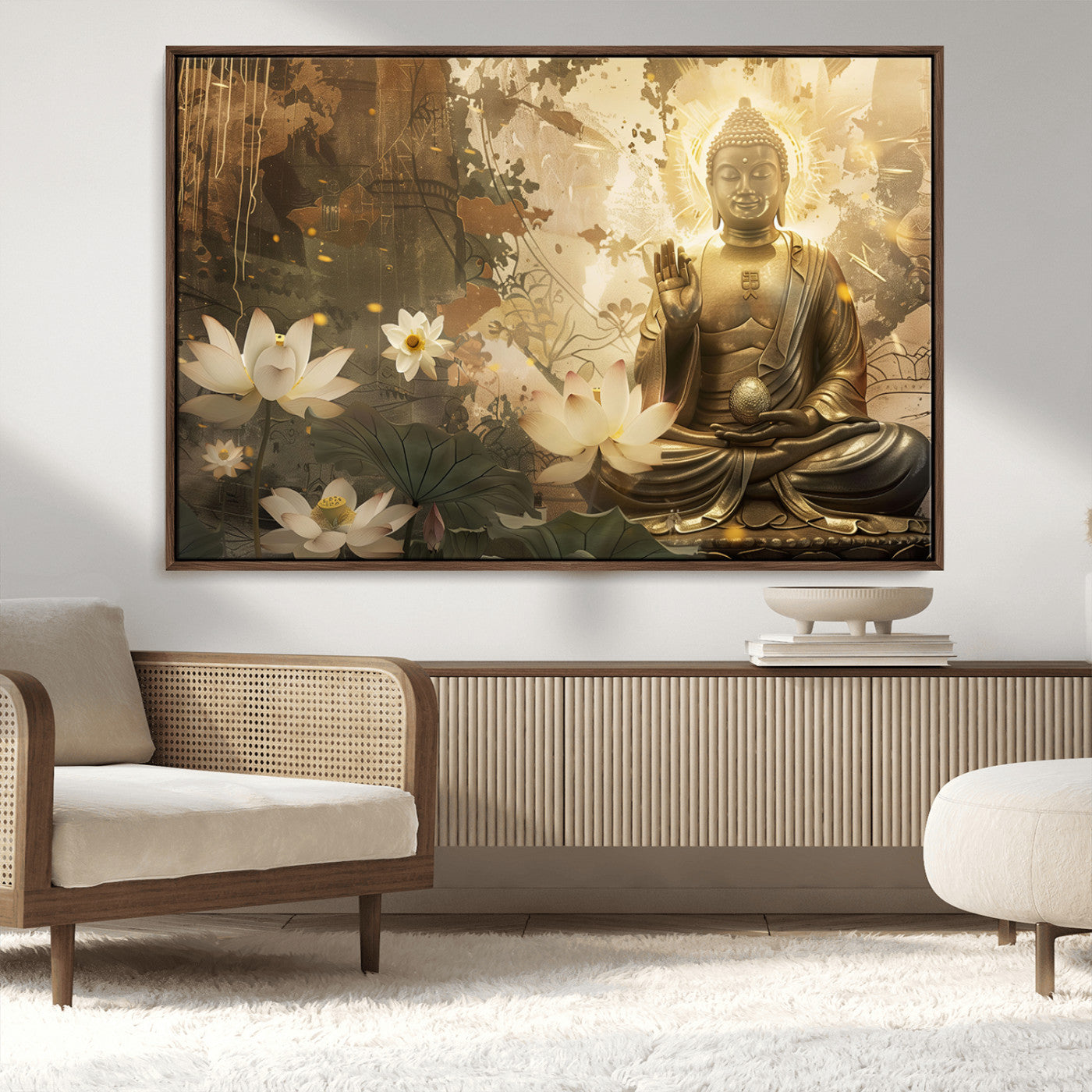 MGV-FC-36X24 - Zen Buddha Wall Art Canvas Print | Peaceful Meditation Decor with Lotus Flowers | Spiritual Serenity