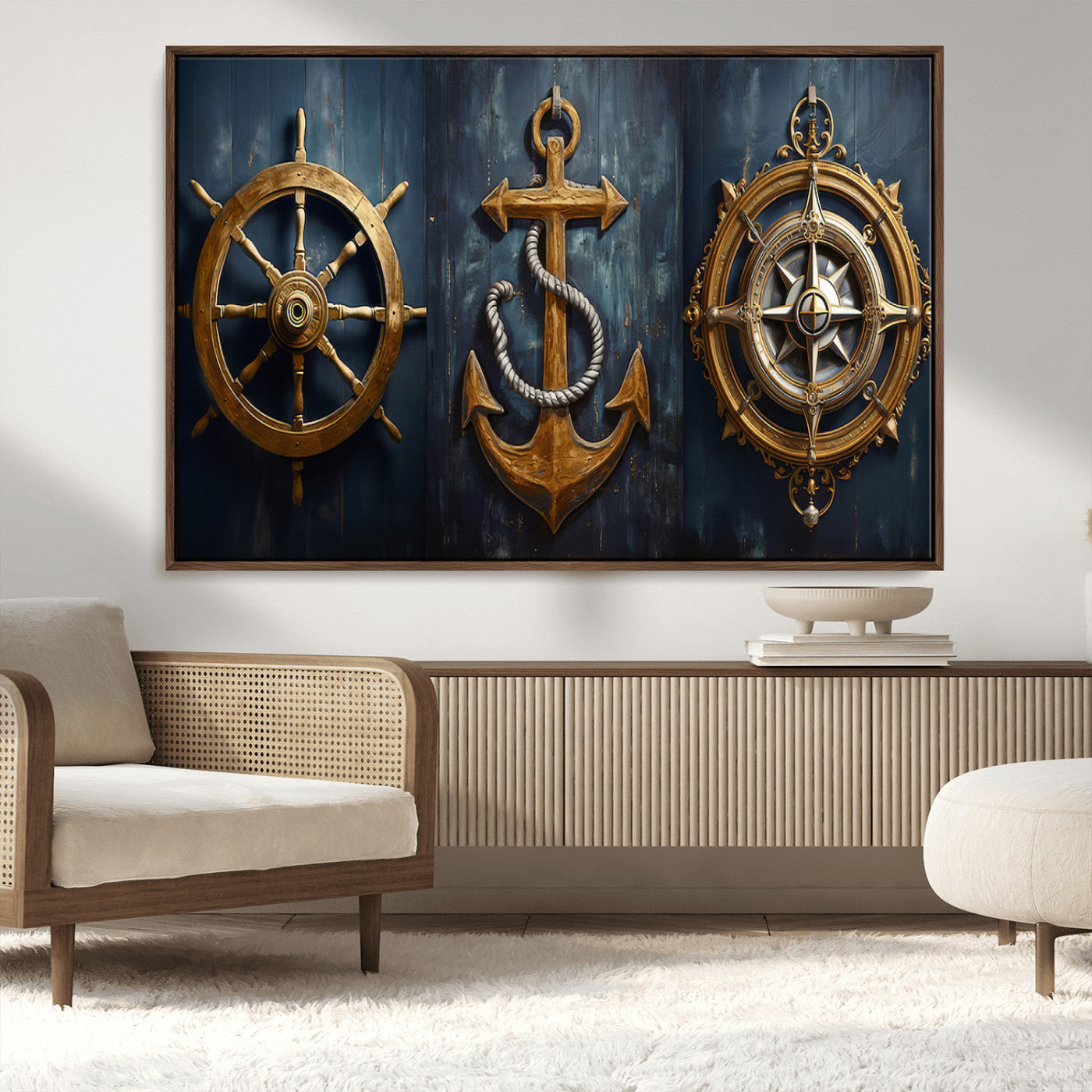 MGV-FC-36X24 - Boat Anchor Compass With Rope Wall Art Canvas Print | Beach House Wall Art