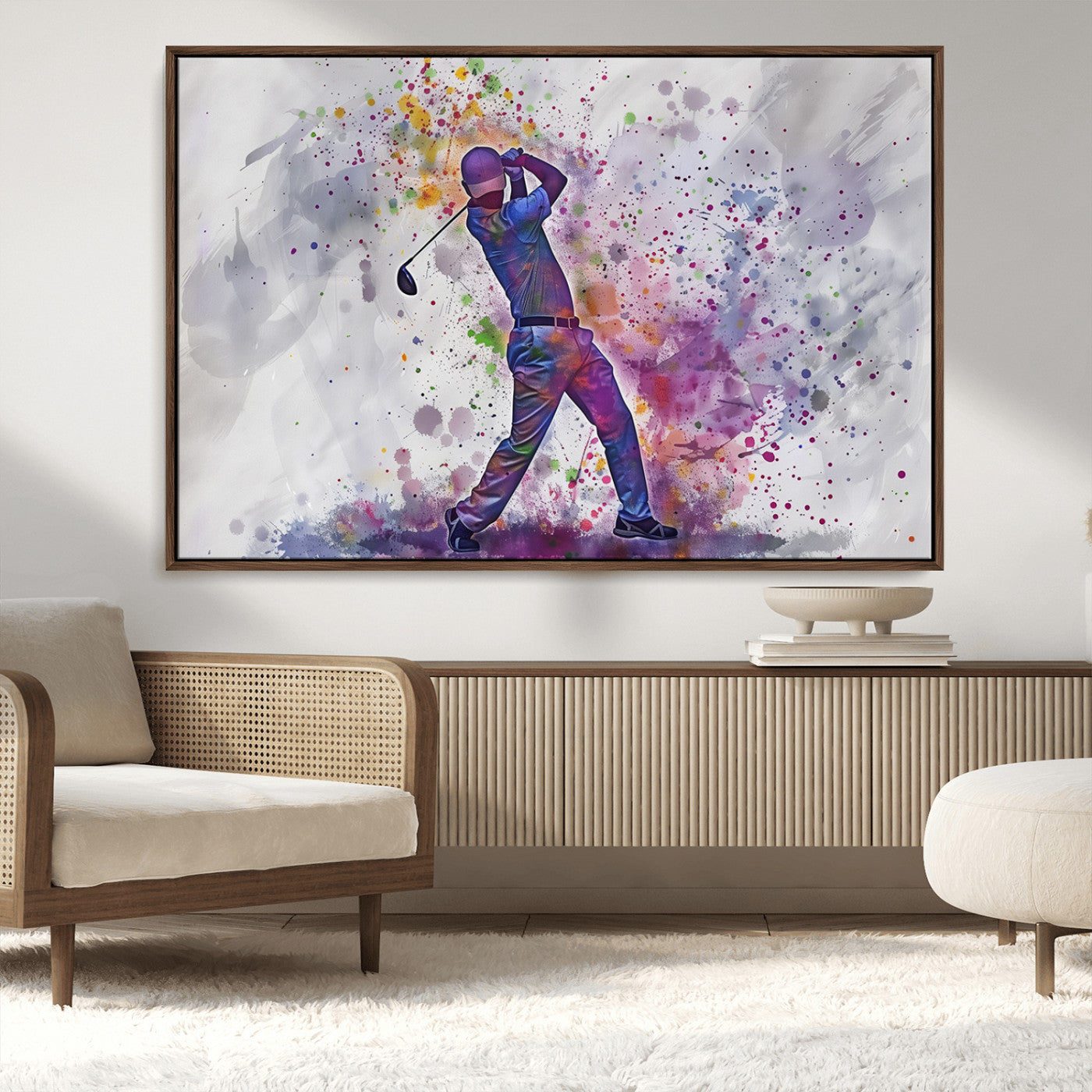 MGV-FC-36X24 - Watercolor Golf Swing Wall Art Canvas Print | Vibrant Abstract Golf Player Silhouette |