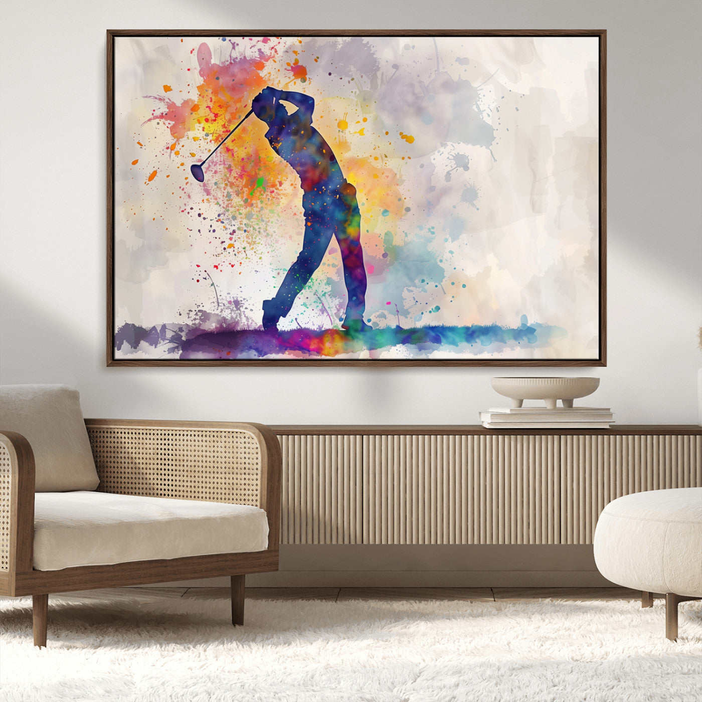MGV-FC-36X24 - Watercolor Golf Swing Wall Art Canvas Print | Vibrant Abstract Golf Player Silhouette |