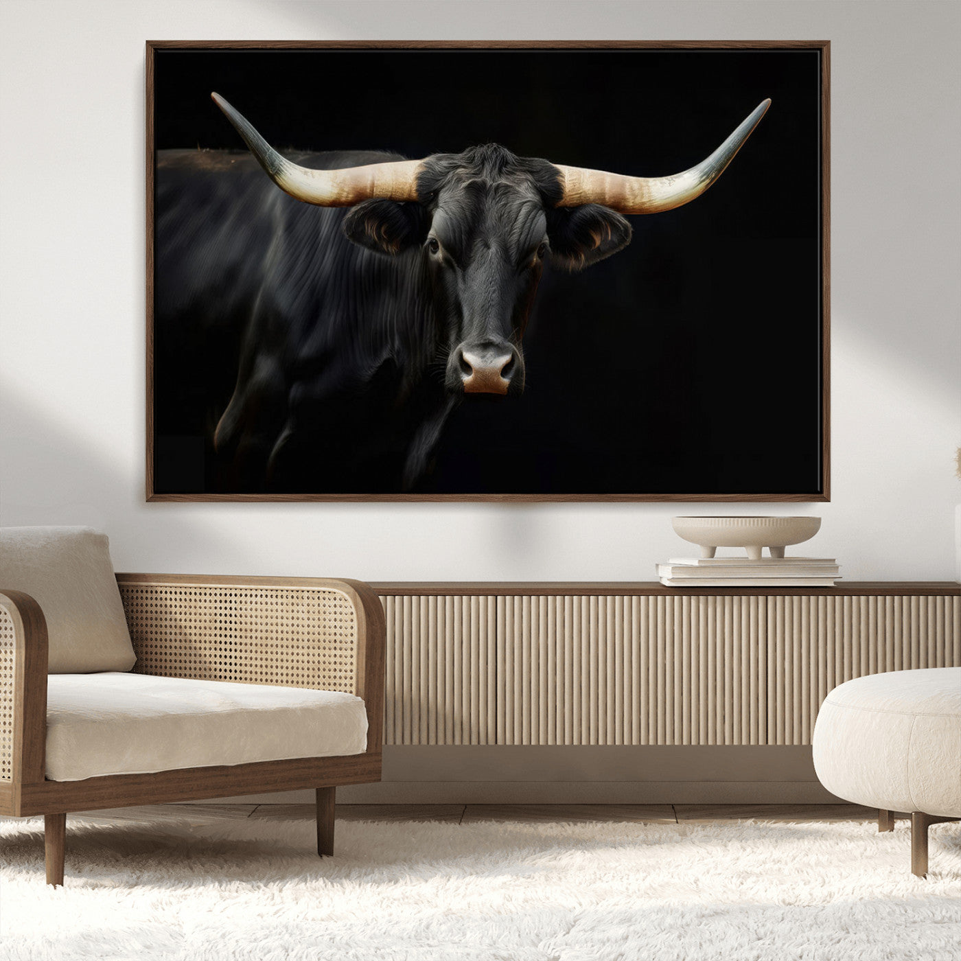 MGV-FC-36X24 - Texas Longhorn Cow | Majestic Black Bull Wall Art Canvas Print - Farmhouse Animal Decor - Ready to