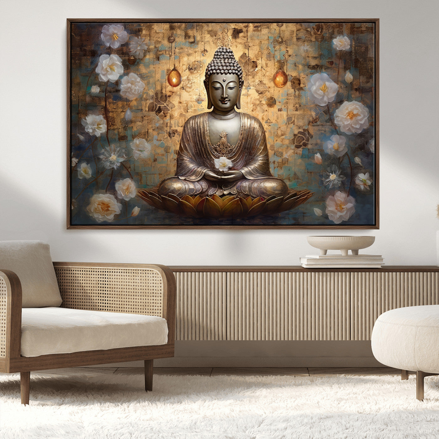 MGV-FC-36X24 - Golden Buddha Wall Art Canvas Print | Zen Meditation Floral Decor | Tranquil Spiritual Home Art |