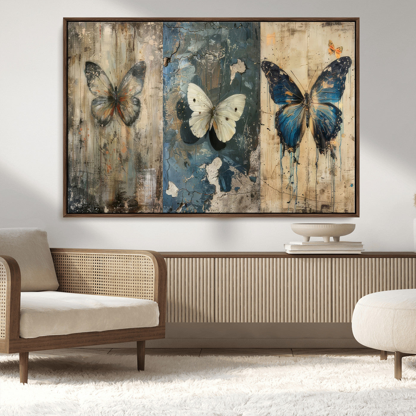 MGV-FC-36X24 - Butterfly Wall Art Trio | Vintage Butterfly Canvas Print | Ready to Hang Framed Artwork for