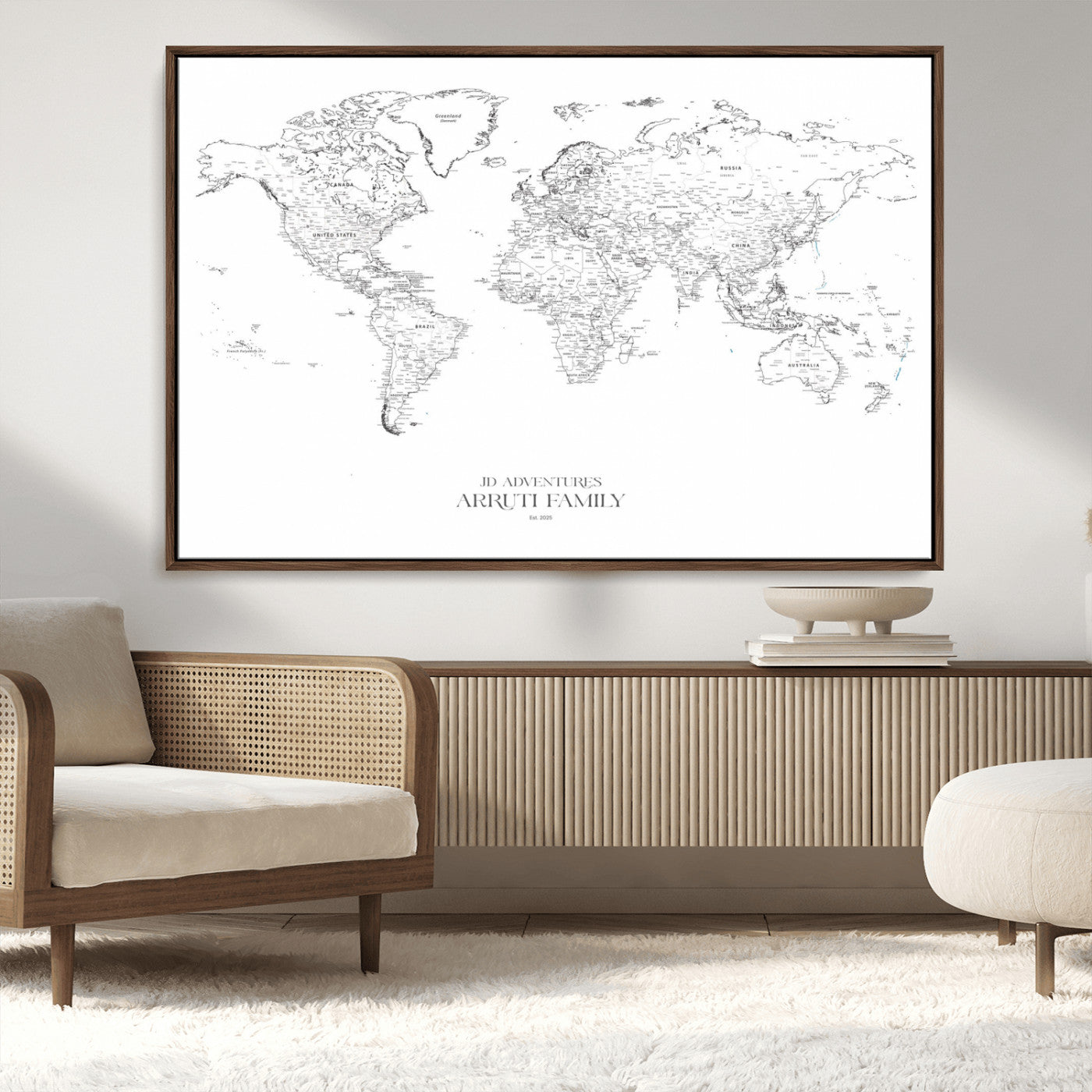 MGV-FC-36X24 - Custom World Map Wall Art – Personalized Framed Canvas Print with Push Pins for Travel Tracking,