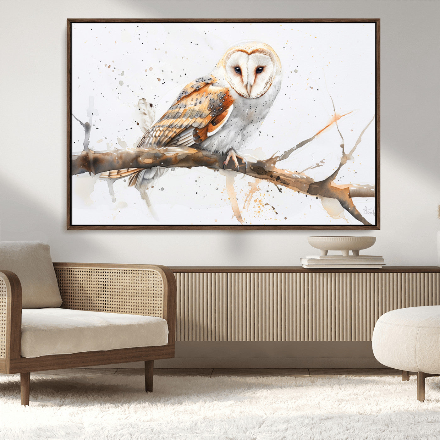MGV-FC-36X24 - Barn Owl Wall Art on Branch | Stunning Canvas Print for Nature Lovers | Ready to Hang and Framed
