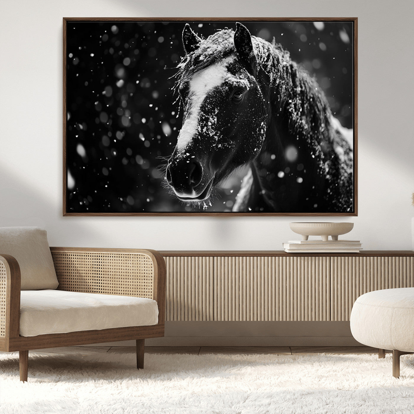 MGV-FC-36X24 - Winter Horse Wall Art | Black and White Horse Print | Ready to Hang and Framed | Farmhouse Wall Art
