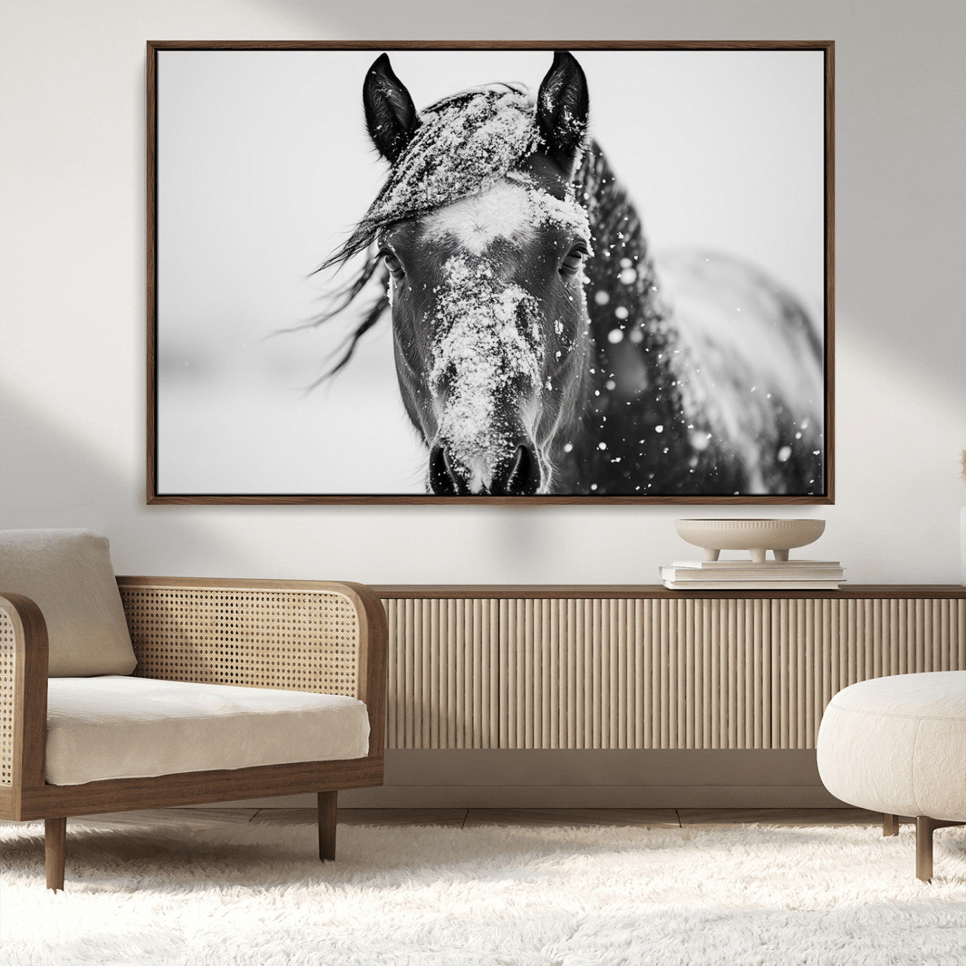 MGV-FC-36X24 - Western Wall Art | Black and White Winter Horse Wall Art | Ready to Hang and Framed | Farmhouse and