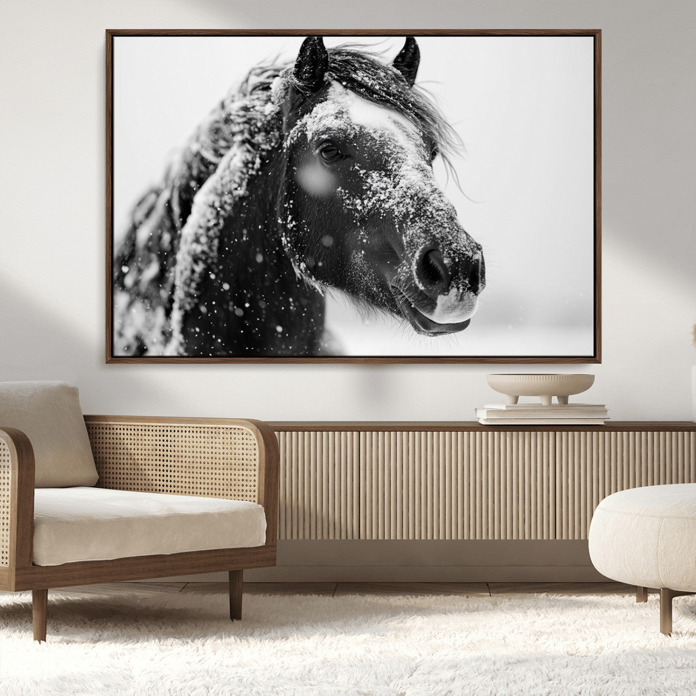 MGV-FC-36X24 - Winter Horse Canvas Print | Large 3-Panel Black White Equine Photography for Rustic Farmhouse Wall