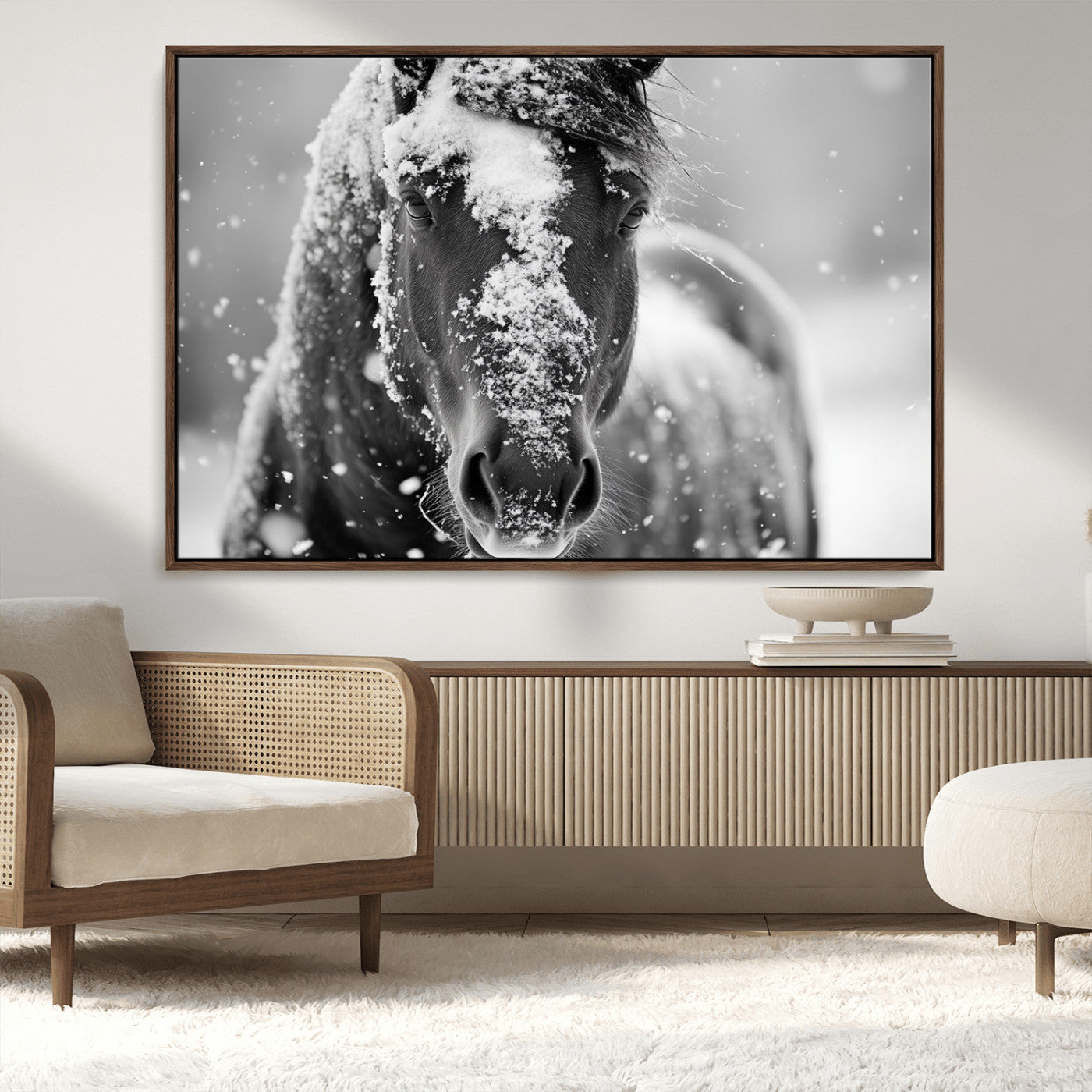MGV-FC-36X24 - Black and White Horse Winter Wall Art | Ready to Hang and Framed | Farmhouse Wall Decor | Western