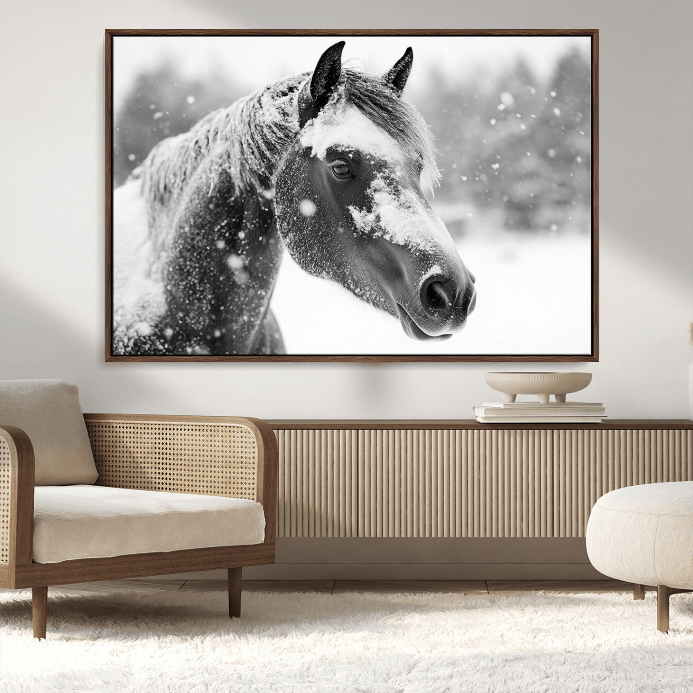 MGV-FC-36X24 - Black Horse Winter Wall Art | Ready to Hang and Framed | Farmhouse and Western Wall Decor for Living