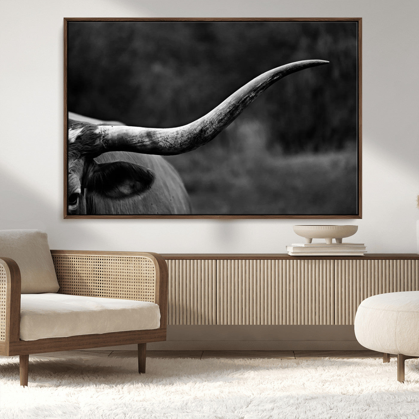 MGV-FC-36X24 - Cow Longhorn Wall Art | Black and White Print | Ready to Hang and Framed | Farmhouse Wall Decor |