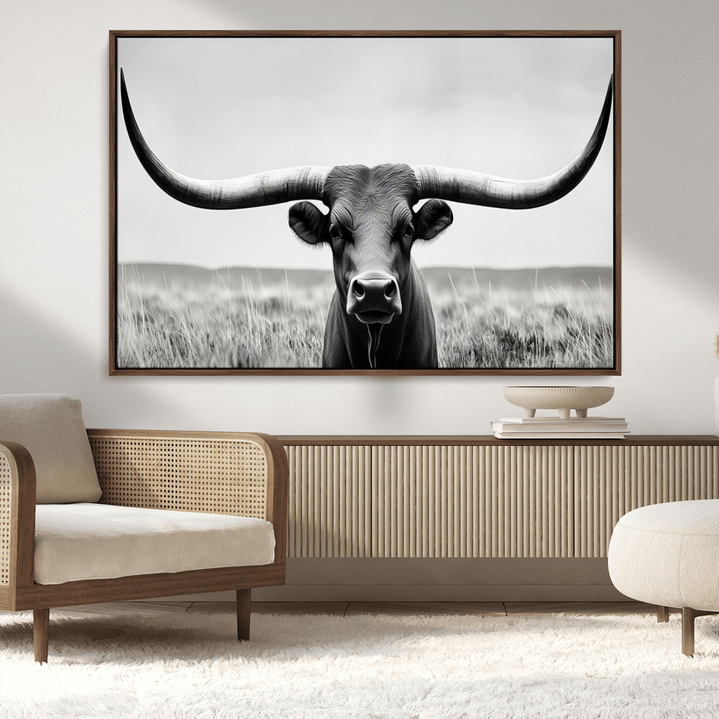 -Longhorn Bull Canvas Print | Rustic Farmhouse Wall Art | Western Decor | Ready to Hang and Framed