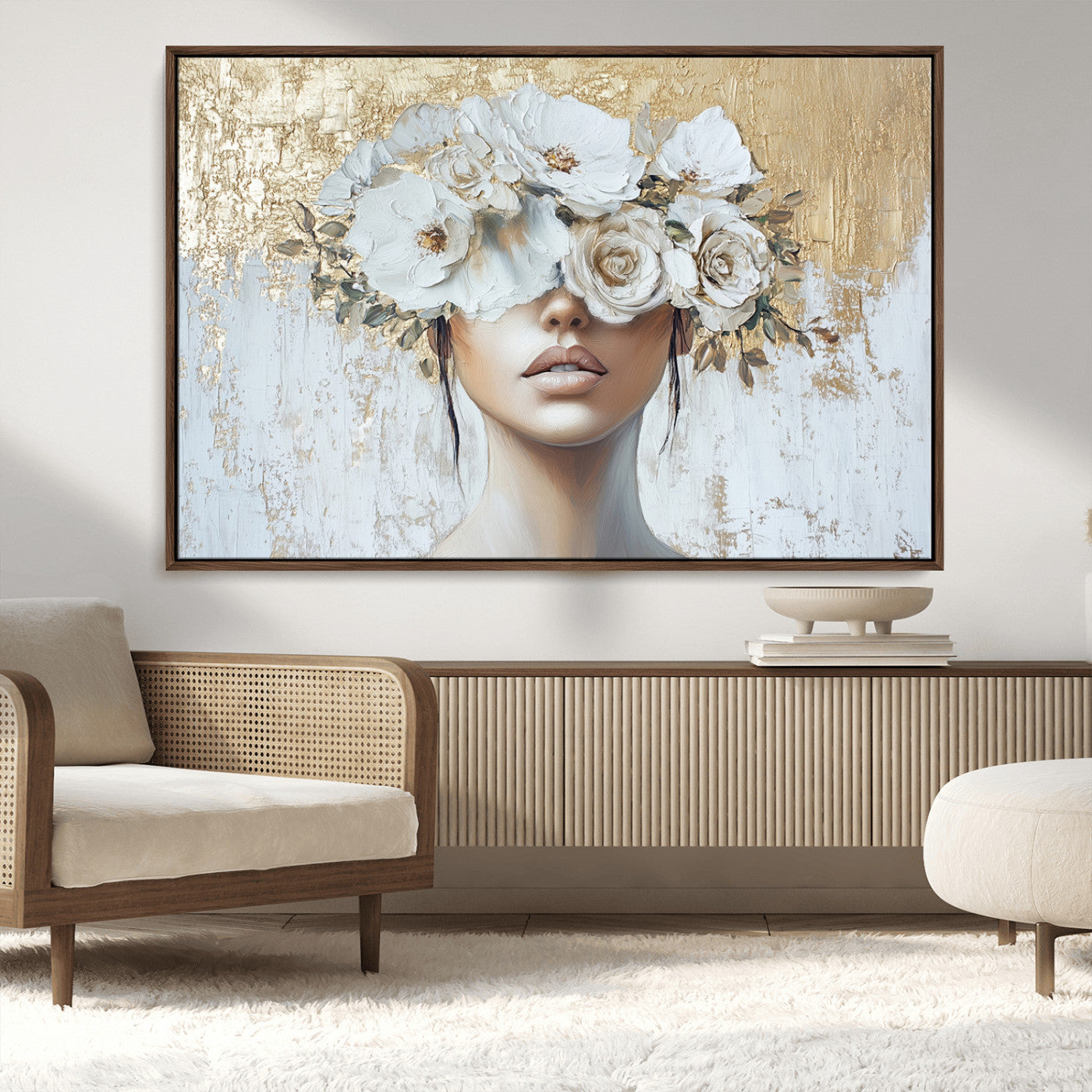 MGV-FC-36X24 - Golden Petal Wall Art - Canvas Print Flower Head Woman Painting Floral Woman Portrait Wall Decor,
