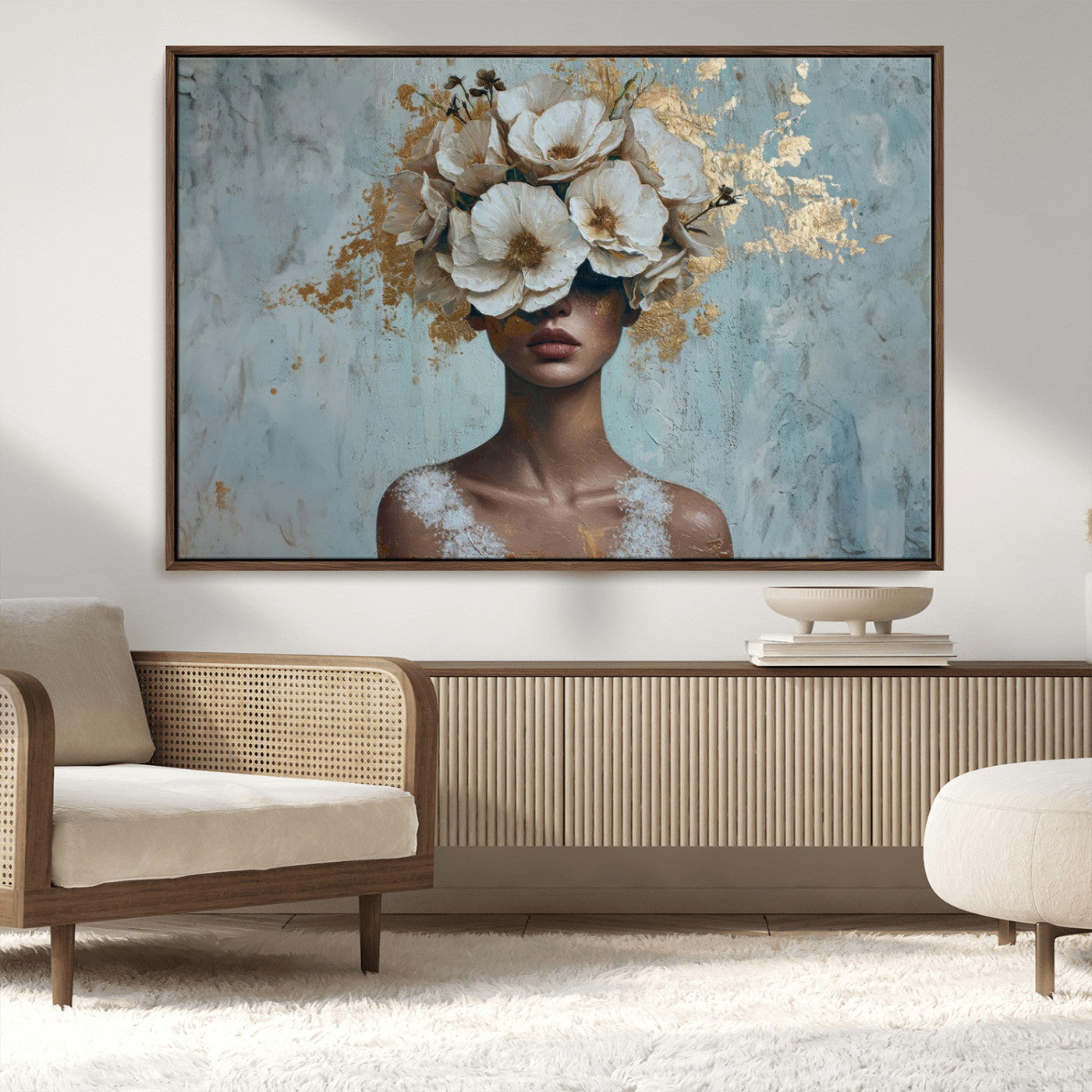 MGV-FC-36X24 - Golden Petal Wall Art - Petal Silhouette Woman Wall Art Canvas Print | Large 3-Panel Canvas with