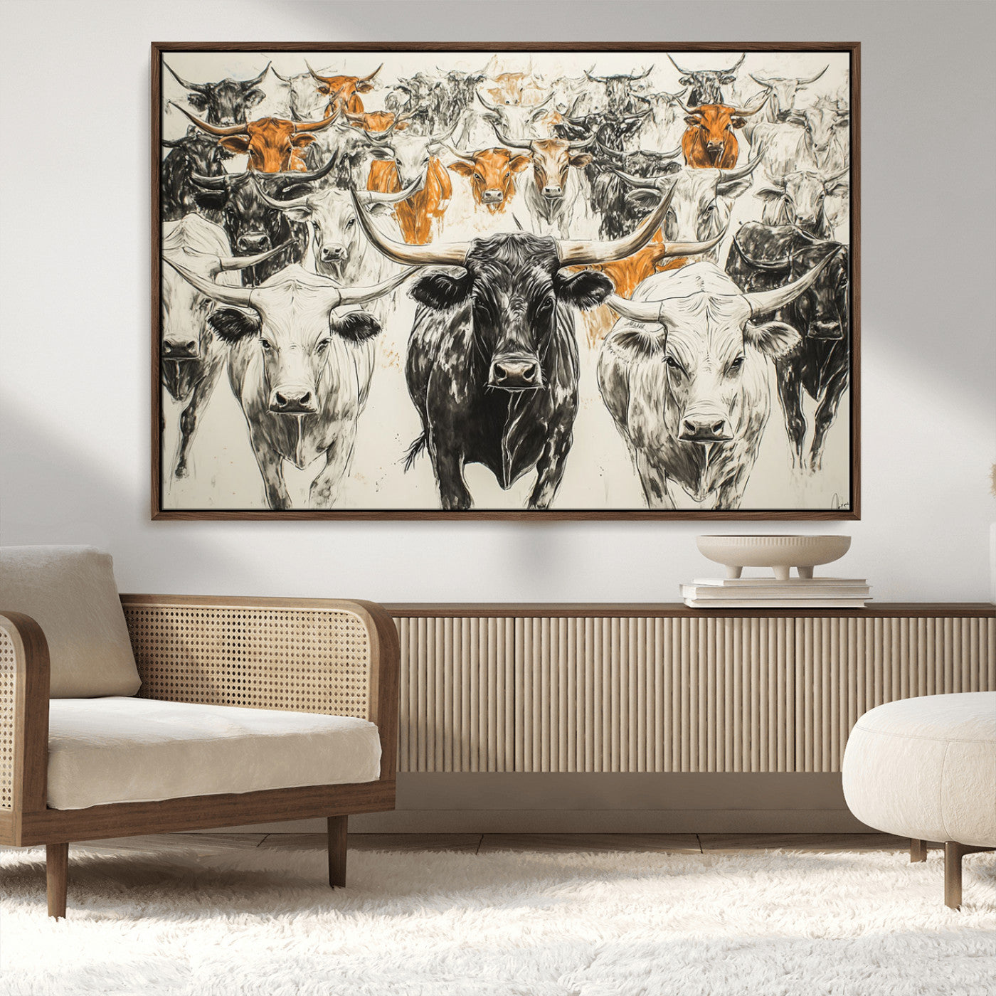 MGV-FC-36X24 - Texas Longhorn Wall Art - Herd Canvas Wall Art Print - Abstract Cow Drawing Wall Art Print for