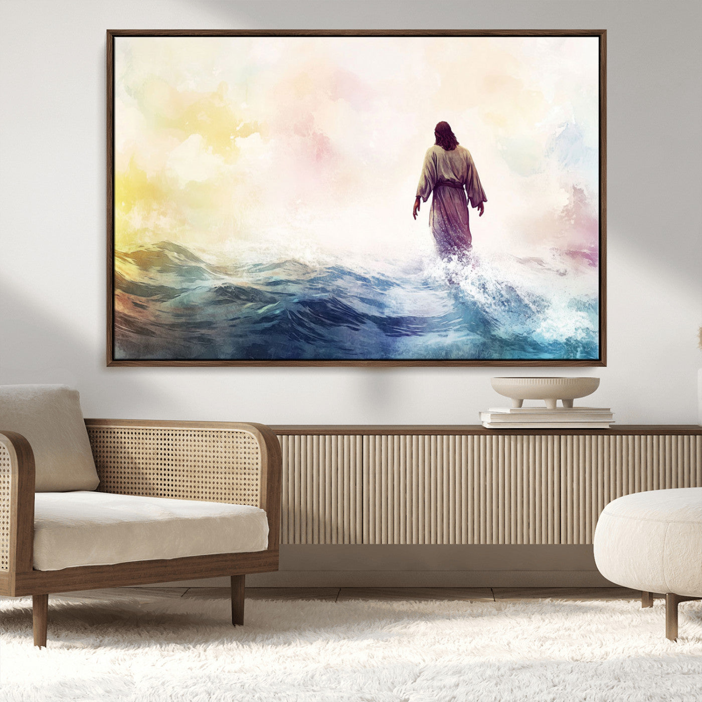 MGV-FC-36X24 - Watercolor Jesus Walking on Water Canvas Print, Christian Wall Art, Jesus Christ Walking