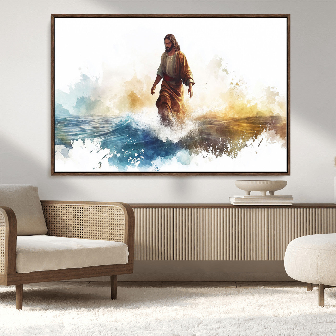 MGV-FC-36X24 - Watercolor Jesus Walking Wall Art Print, Jesus Water Canvas Print, Christian Wall Art, Jesus Christ