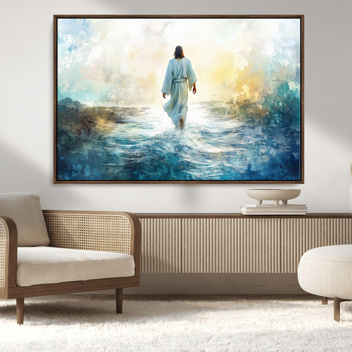 MGV-FC-36X24 - Watercolor Jesus Walking on Water Canvas Print, Christian Wall Art, Jesus Christ Walking