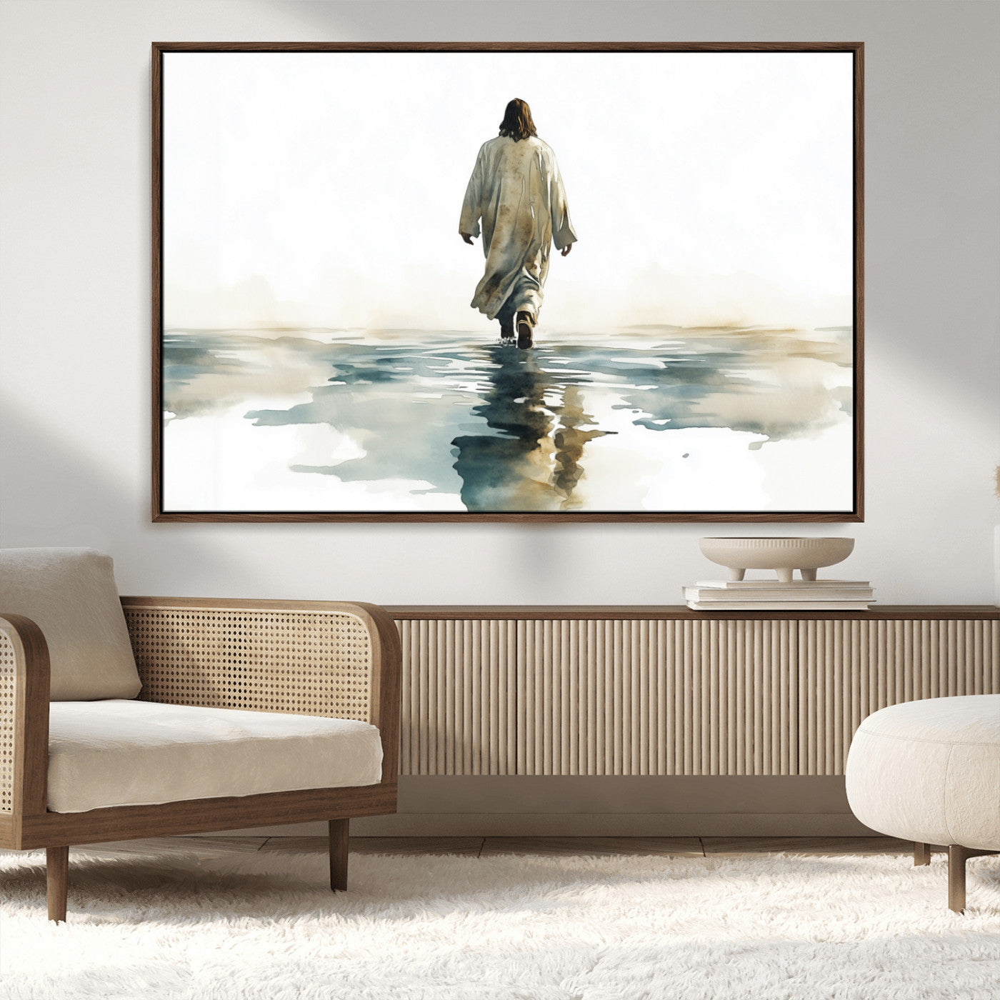 MGV-FC-36X24 - Watercolor Jesus Walking on Water Canvas Print, Christian Wall Art, Jesus Christ Walking
