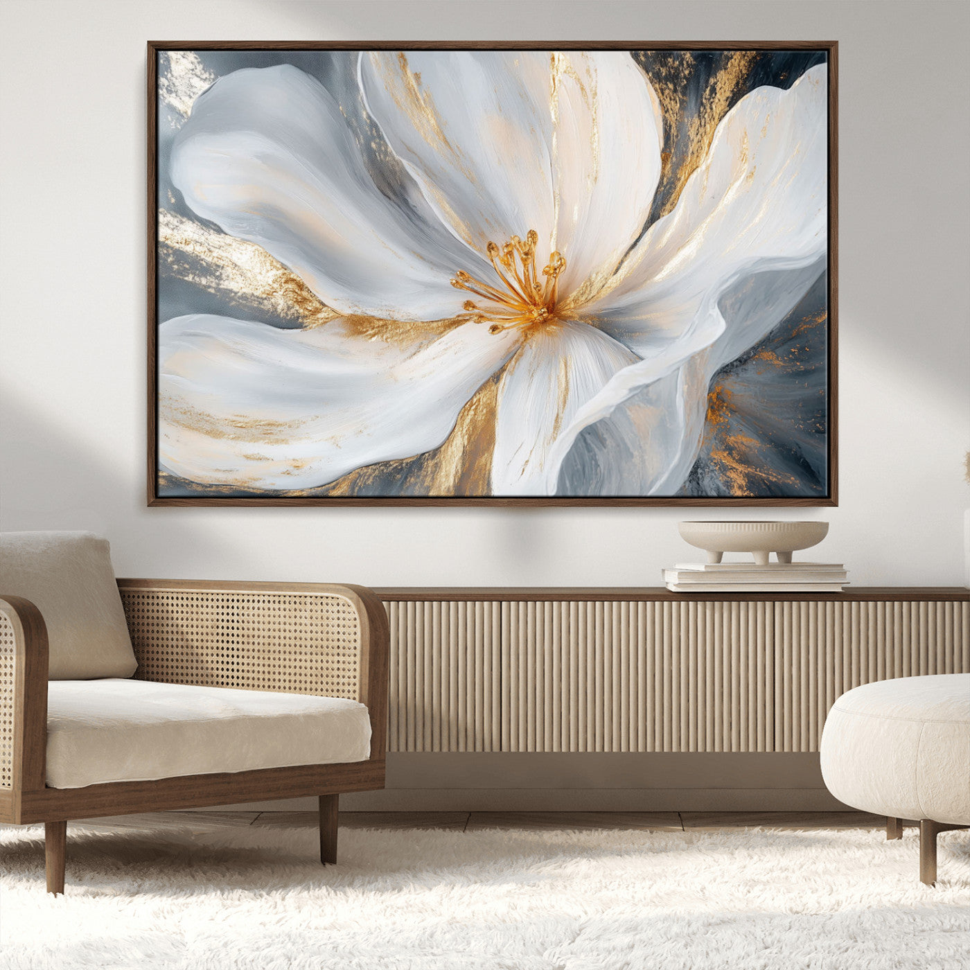 MGV-FC-36X24 - White and Gold Floral Canvas Wall Art - Framed and Ready to Hang - Perfect for Modern Living Rooms