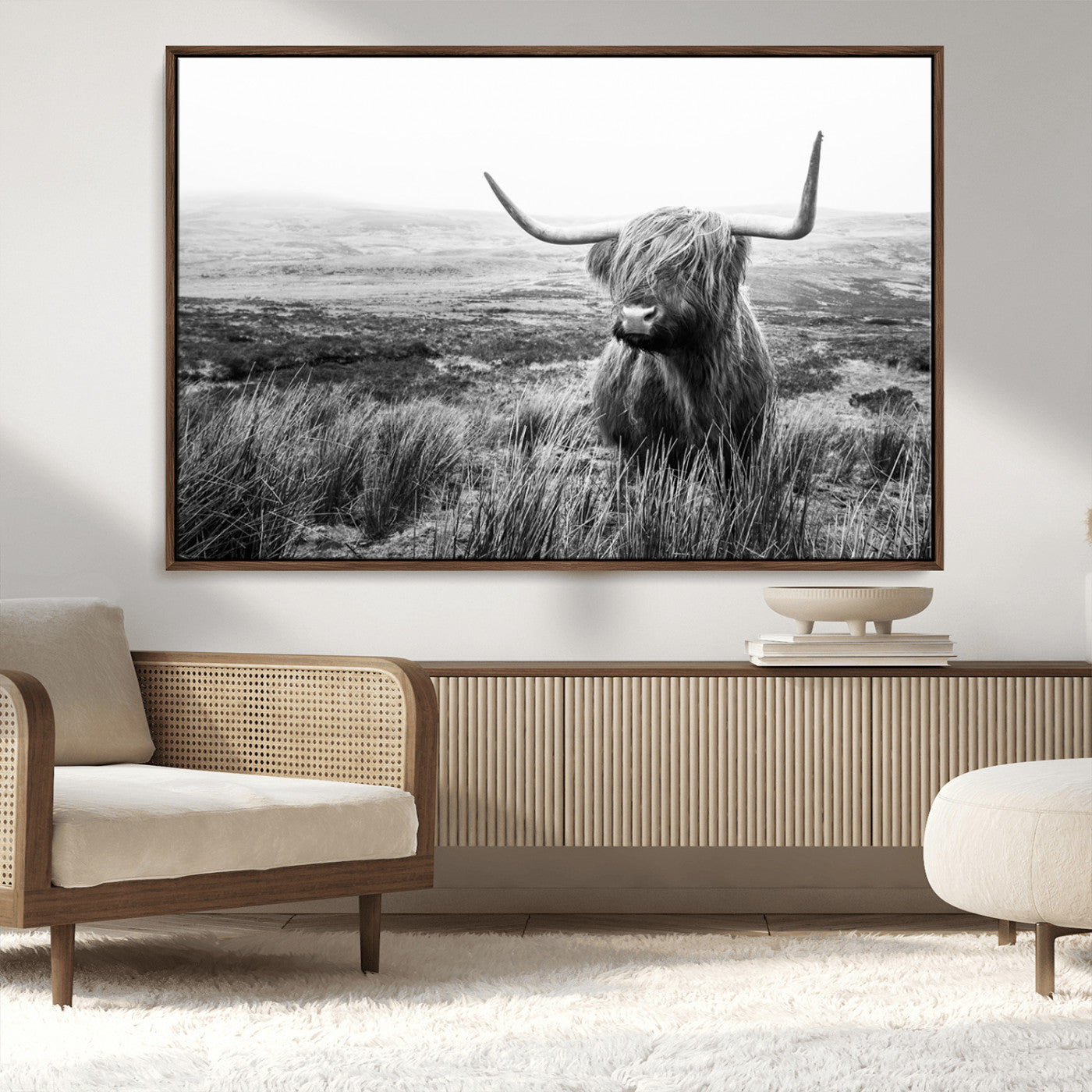 MGV-FC-36X24 - Scottish Highland Cow Wall Art | Black and White Canvas Print | Ready to Hang and Framed | Rustic