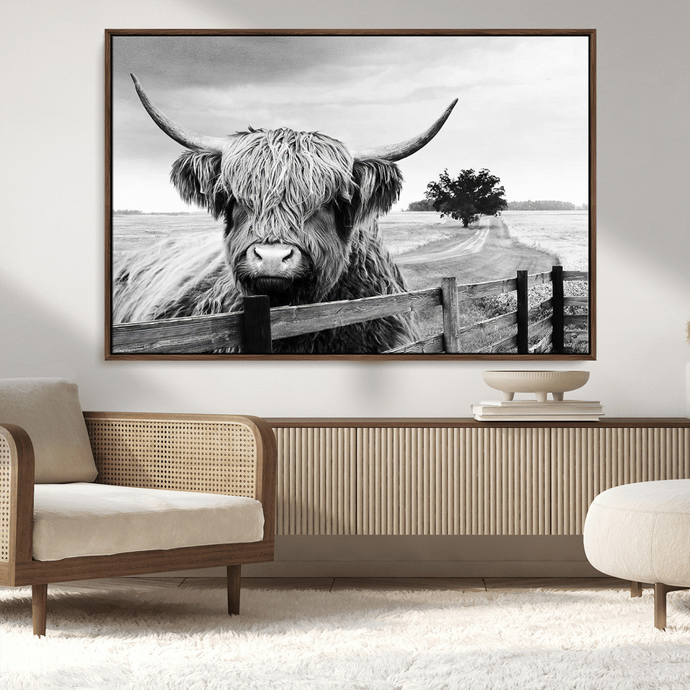 MGV-FC-36X24 - Scottish Highland Cow Wall Art | Rustic Farmhouse Décor | Black and White Ready to Hang Canvas Print