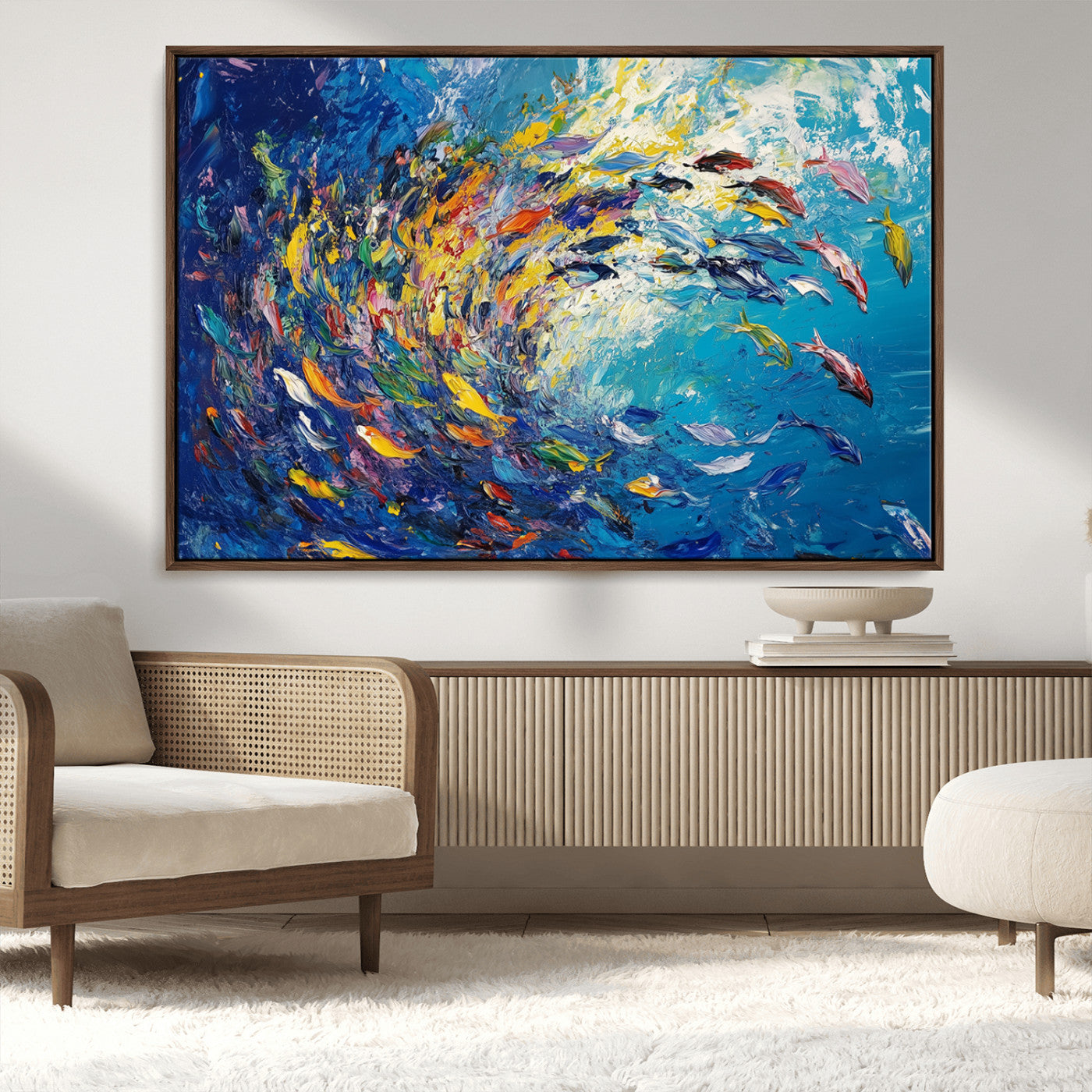 MGV-FC-36X24 - Colorful Swirling Fish School Wall Art Canvas Print | Oceanic Abstract Painting | Ready to Hang |
