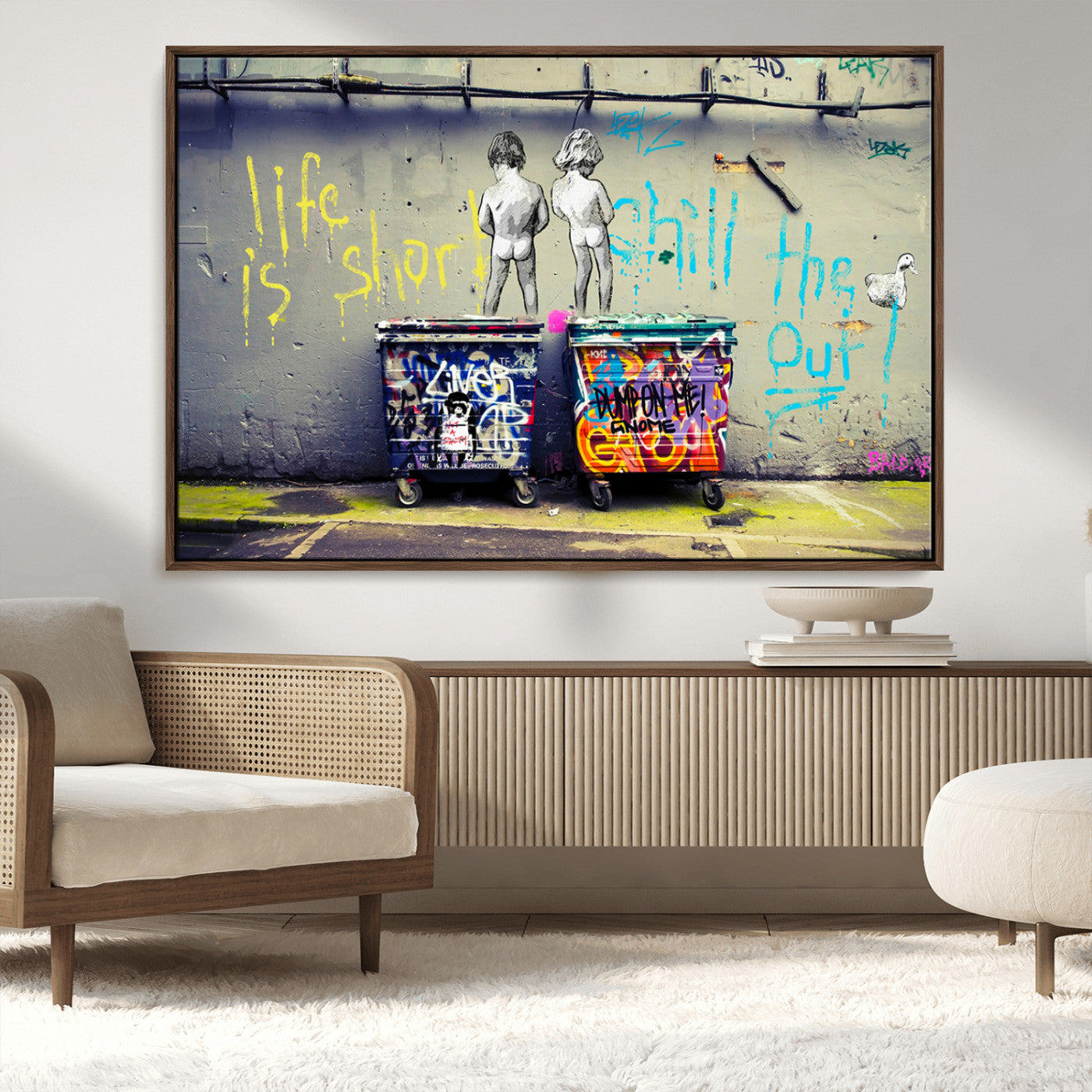 MGV-FC-36X24 - Banksy Life is Short Wall Art - Iconic Graffiti Art on Framed Ready-to-Hang Canvas - Street Art