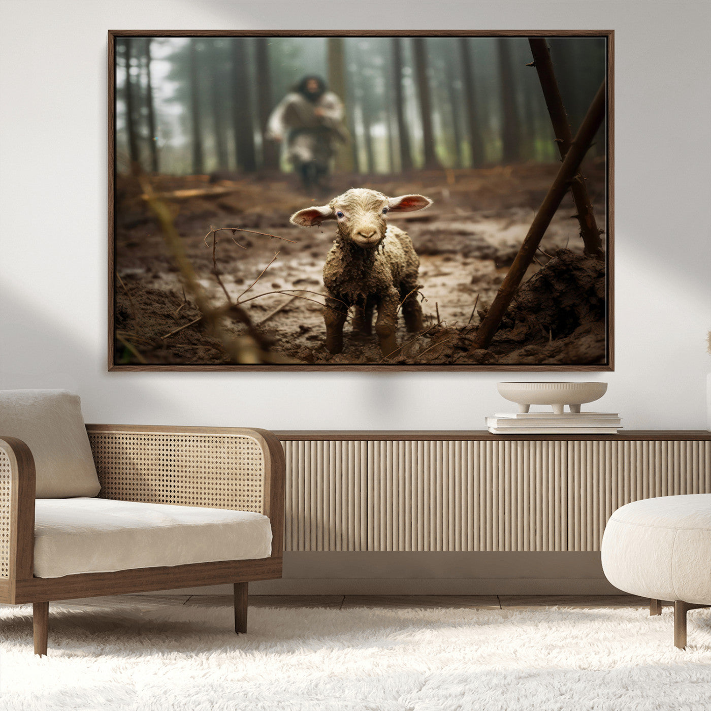MGV-FC-36X24 - Jesus Running After a Lost Lamb Canvas Wall Art Print